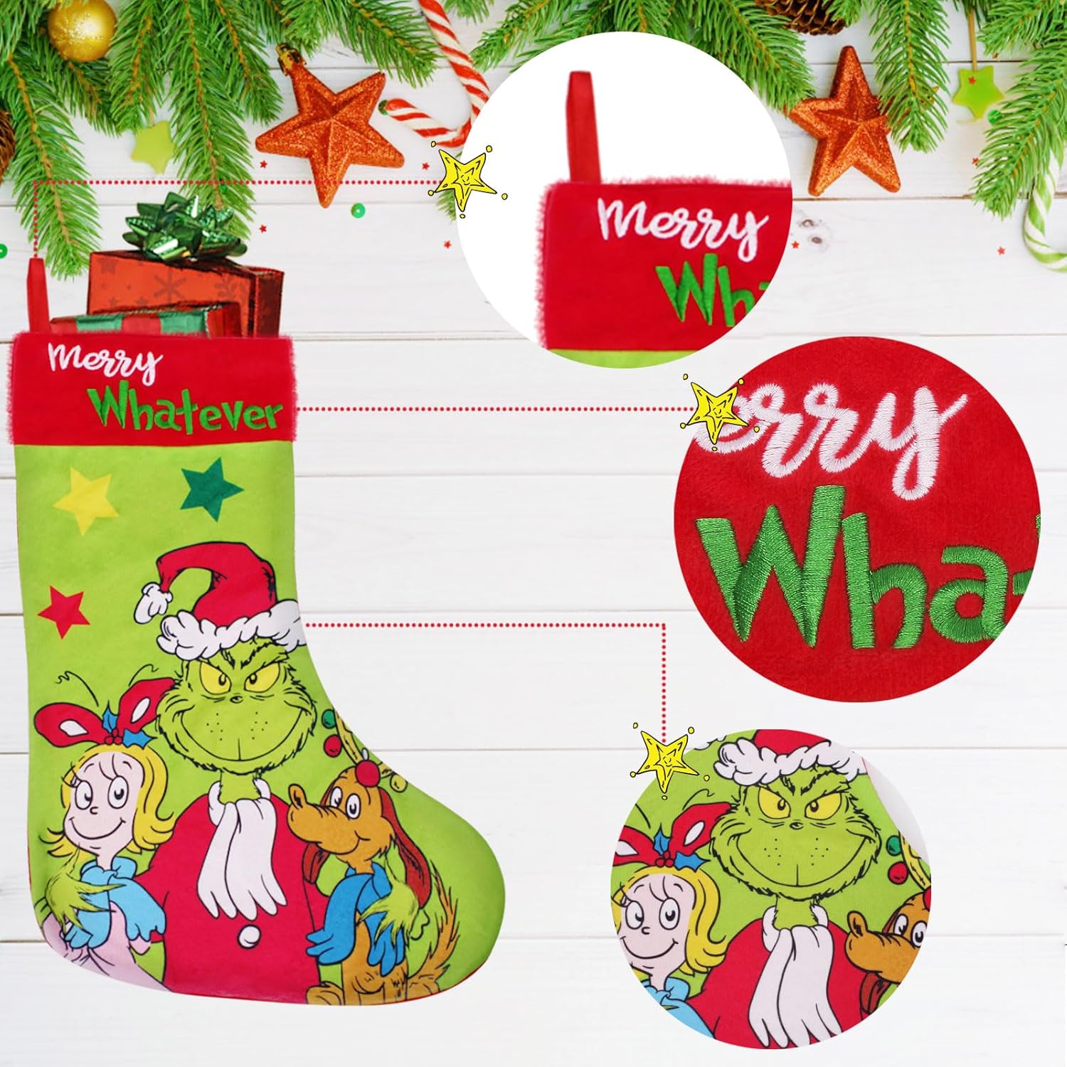 Paquete de 4 calcetines de Navidad, 18 pulgadas, grandes, color verde, decoraciones de Navidad para decoración de fiestas familiares