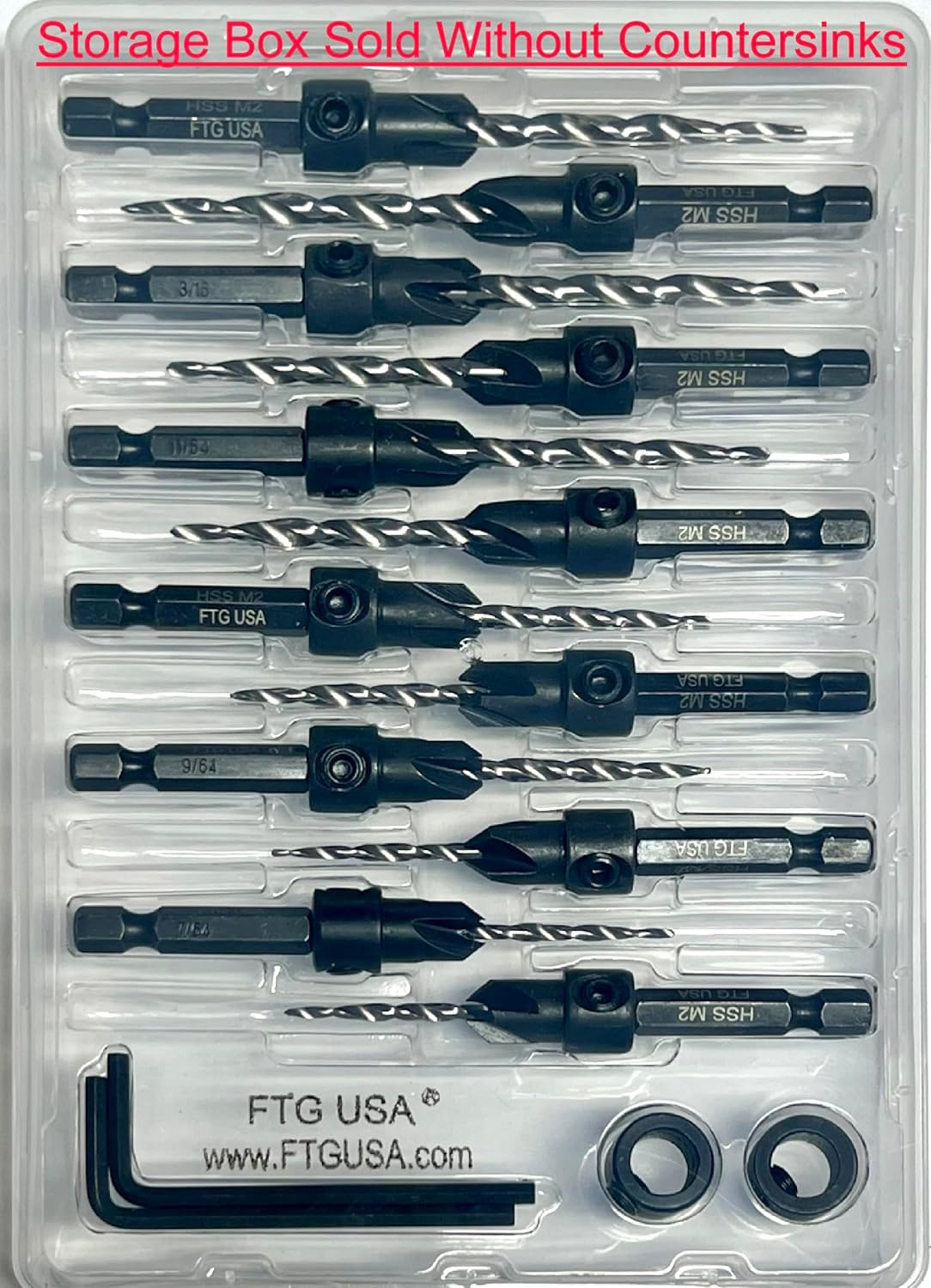 FTG USA Juego de brocas avellanadoras para 12 piezas, FTG ajustable, caja de plástico utilizada como estuche de almacenamiento para brocas