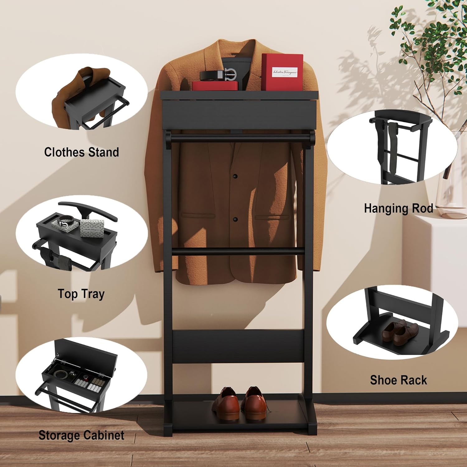 Soporte de valet para hombre, soporte de valet de ropa negra con bandeja superior, cajón, colgador de corbata y cinturón y zapatero, uso en entrada,