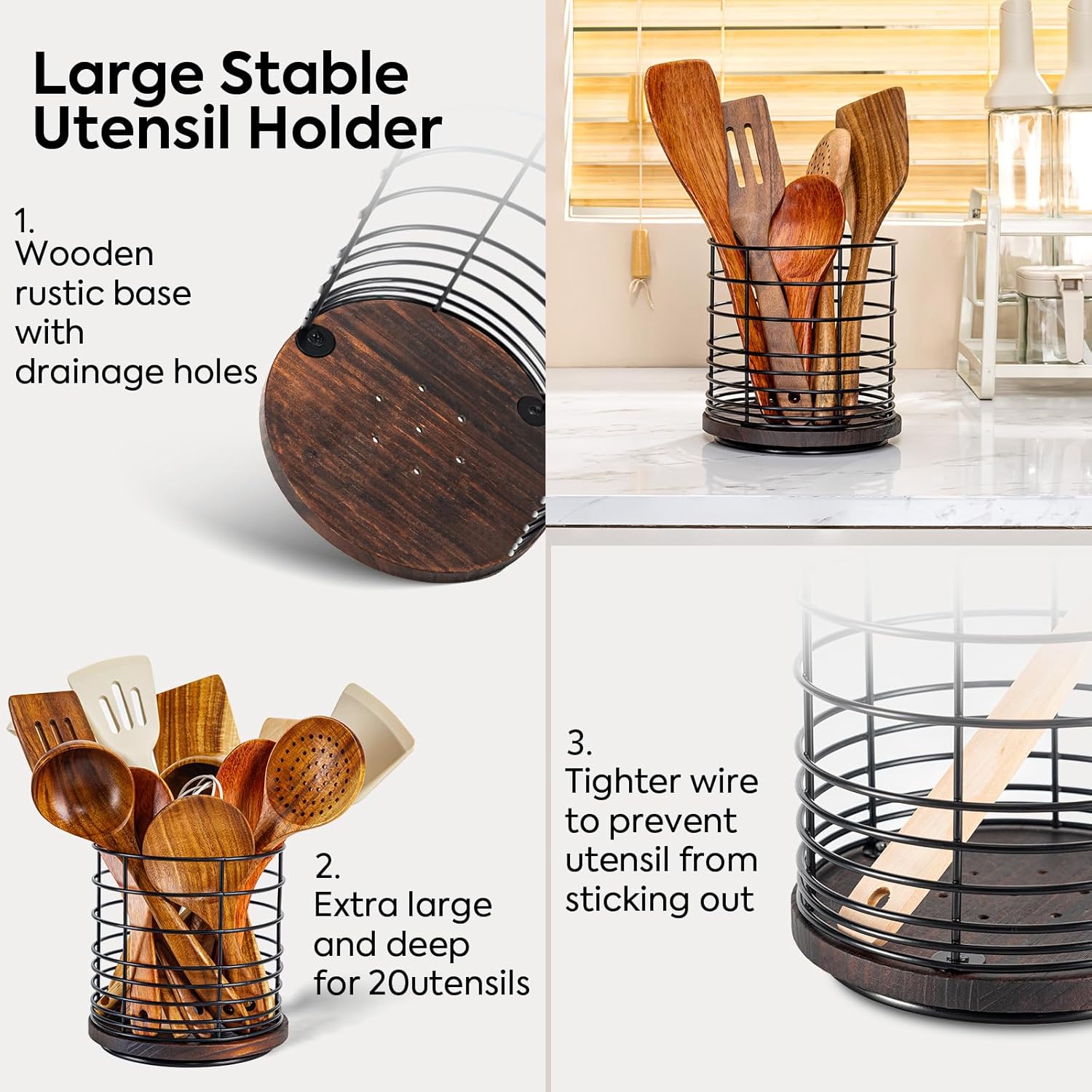 Soporte giratorio de 360 para encimera de cocina, soporte de utensilios de cocina grande de metal y madera de 6.5 pulgadas con orificio de drenaje,