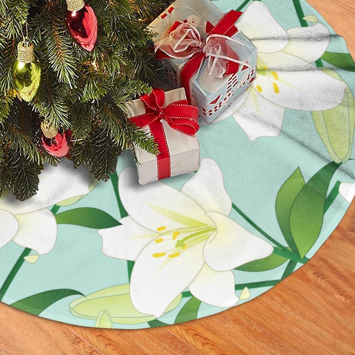 Giglio Bianco sul Fondo Della Menta Christmas Tree Skirt 30″ Xmas Tree Skirt Christmas Tree Decorations Christmas Decorations for Tree Indoor Soft