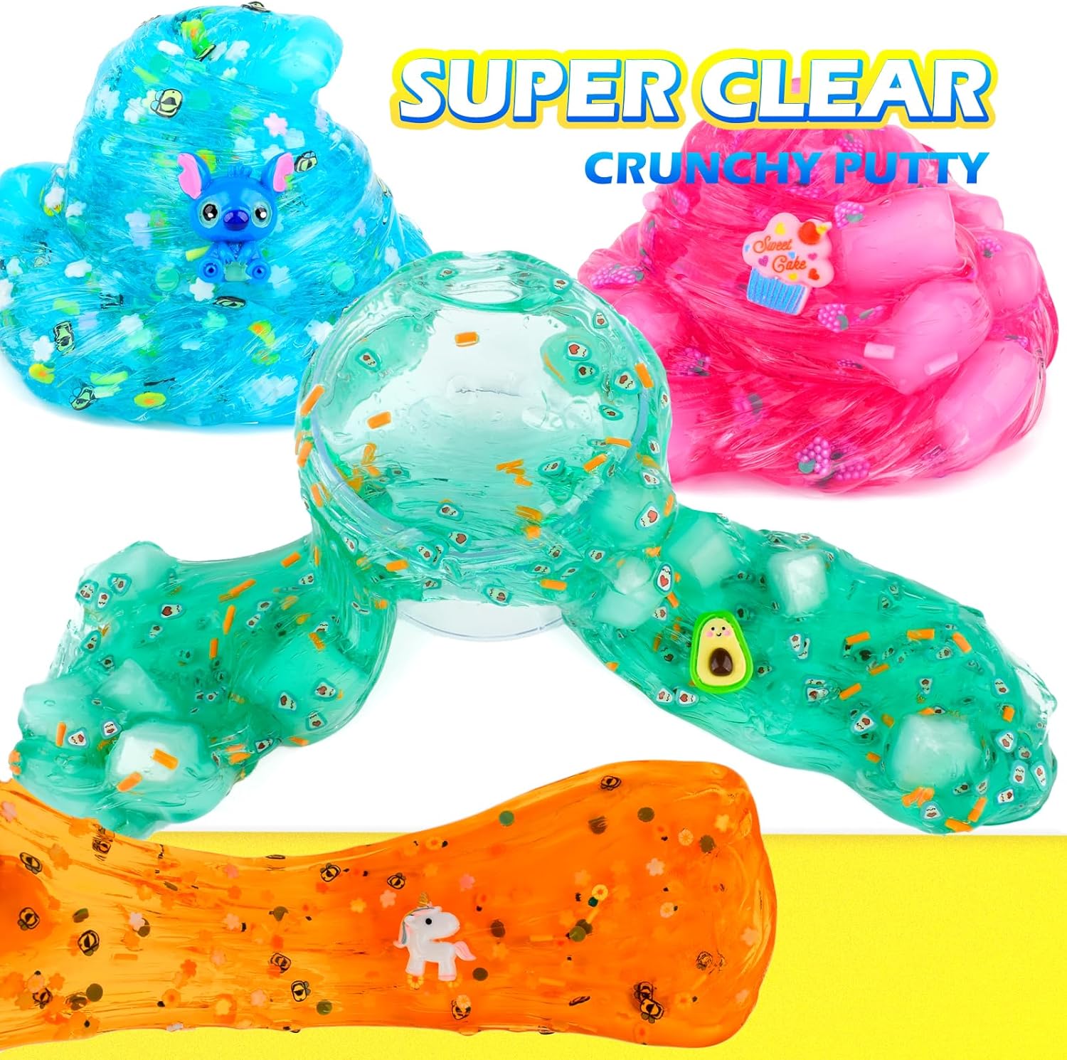 Paquete de 7 unidades de slime transparente con cubos de gelatina, sandía, aguacate, limón, rosa, azul, limo transparente, juego de limo de cristal