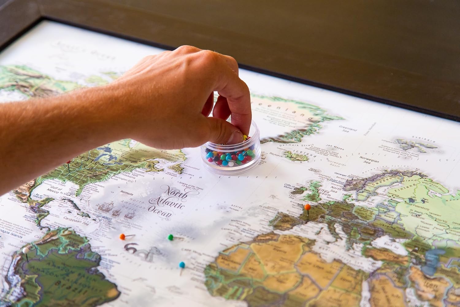 GEOJANGO Personalized Push Pin World Travel Map with Pins – Large Wall Art Stretched Canvas, Rolled Poster, or Framed Map – Nautilus Handmade Custom