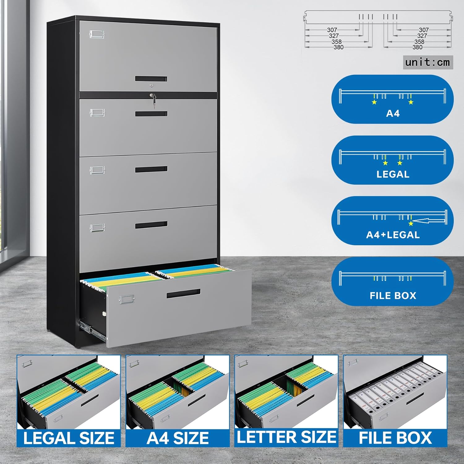 BYNSOE Archivador lateral con 4 cajones y 1 compartimento de almacenamiento, archivador de metal con cerradura, archivador de oficina para el hogar,