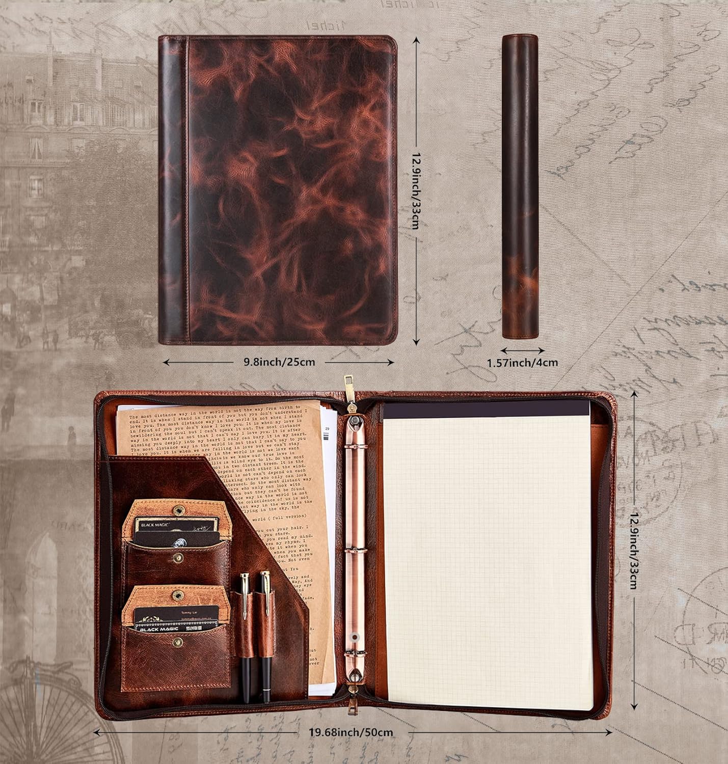 AZXCG Carpeta organizadora de tres anillos de cuero genuino con cremallera, soporte para bloc de notas de cuero vintage, libro de reanudación del