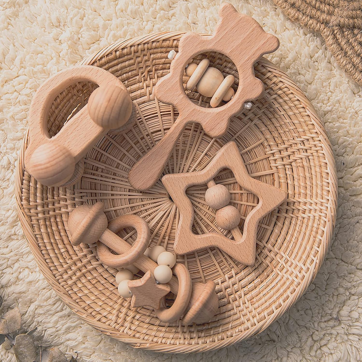 Juego de juguetes de madera para bebés – Juego de sonajeros de madera  4 juguetes de madera hechos a mano  Juguetes de madera para bebés de más de
