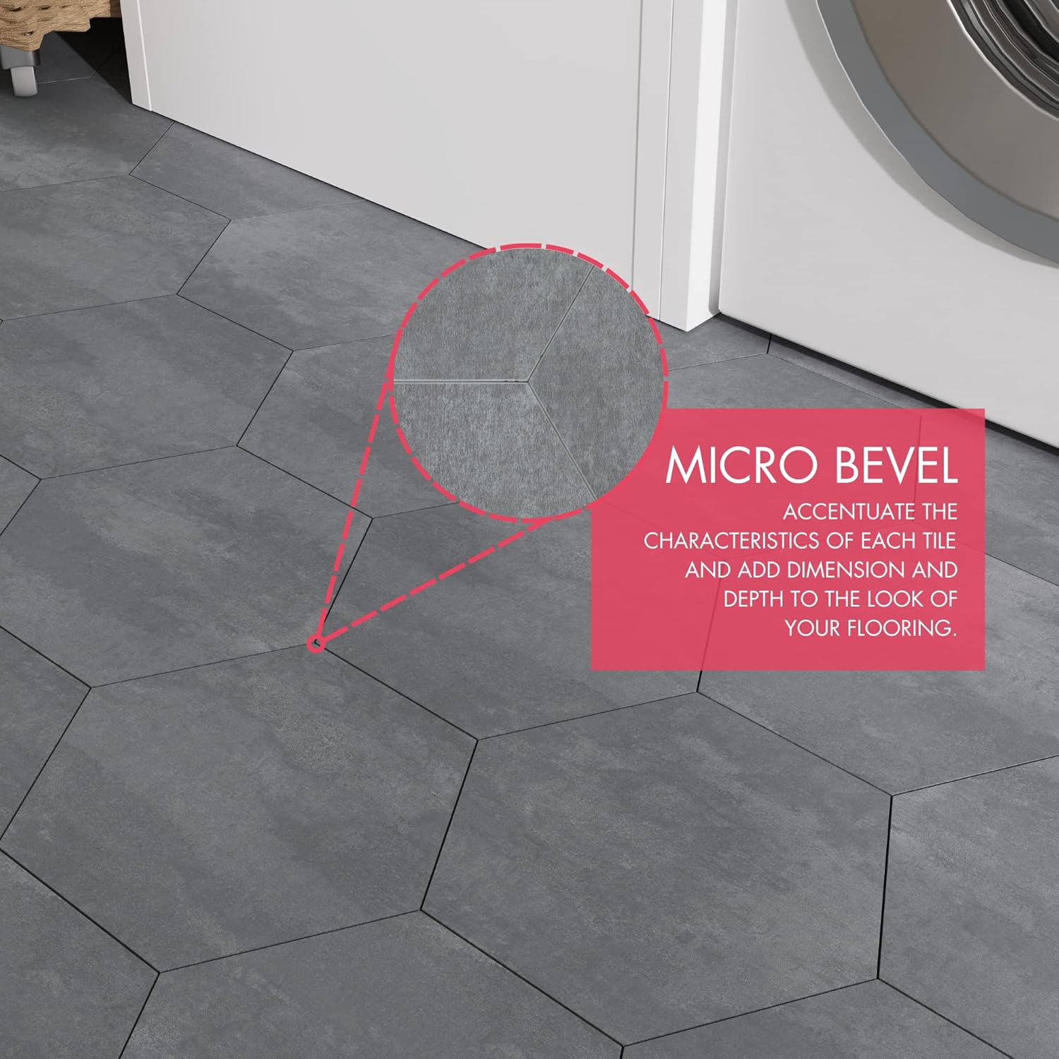 BaseCore HEX – Suelo hexagonal de vinilo gris, 5.75 pulgadas, autoadhesivo, texturizado, moderno, azulejos para despegar y pegar  Azulejo de muestra