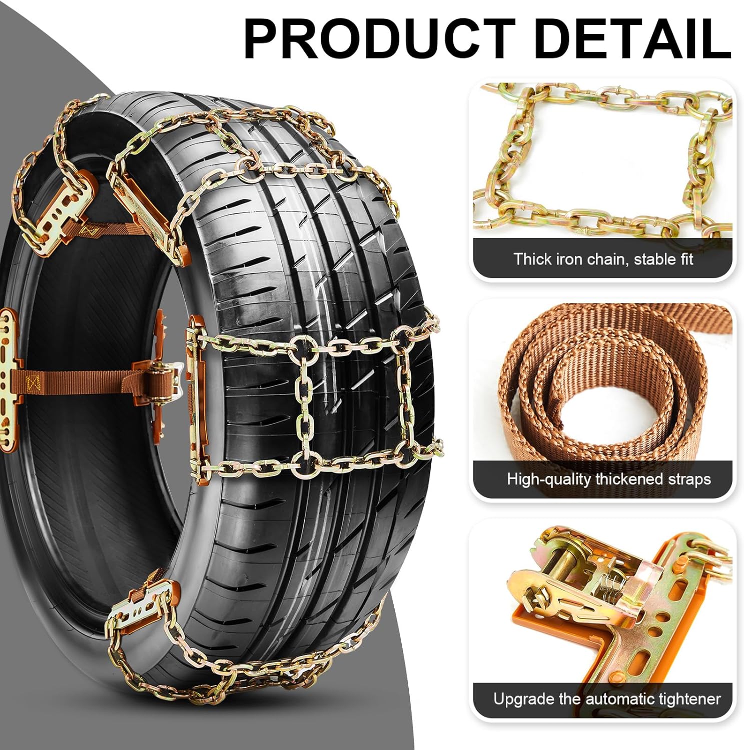 Datanly Cadenas de nieve ajustables para neumáticos para SUV, camioneta, ajuste rápido, cadenas de neumáticos de fácil instalación, cadenas gruesas
