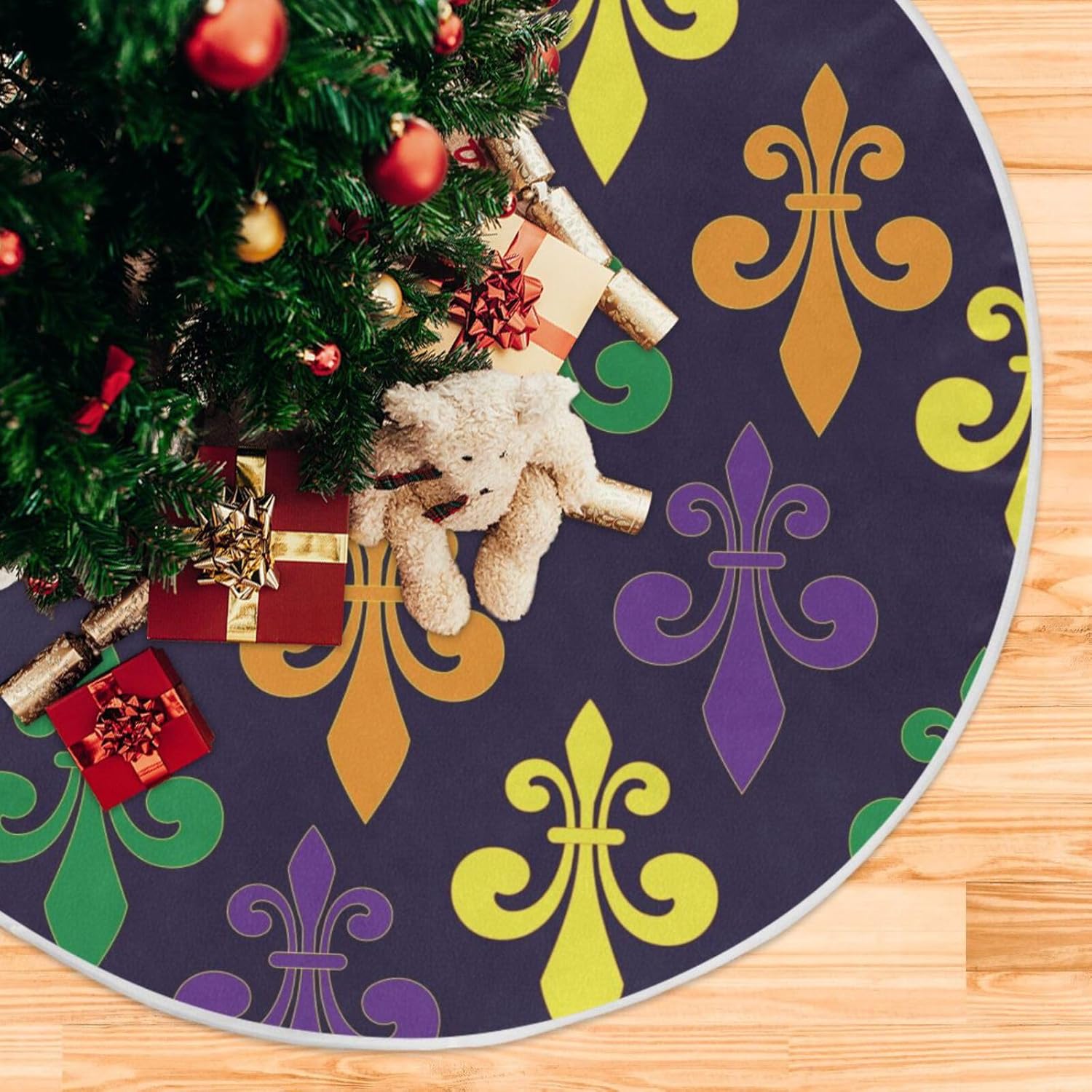 Mardi Gra con falda de árbol de Navidad de lirio francés, decoraciones para árbol, faldas de árbol de Navidad, lavables, falda pequeña para árbol de