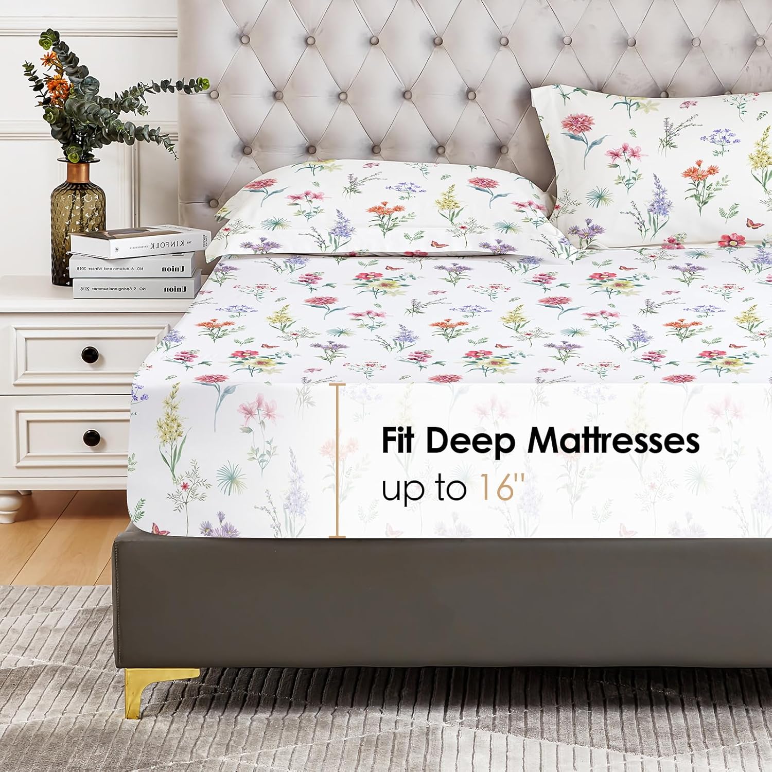 YIYEA Sábana bajera individual con funda de almohada, estampado floral, sábana bajera de microfibra cepillada de 1800 hilos de primera calidad,