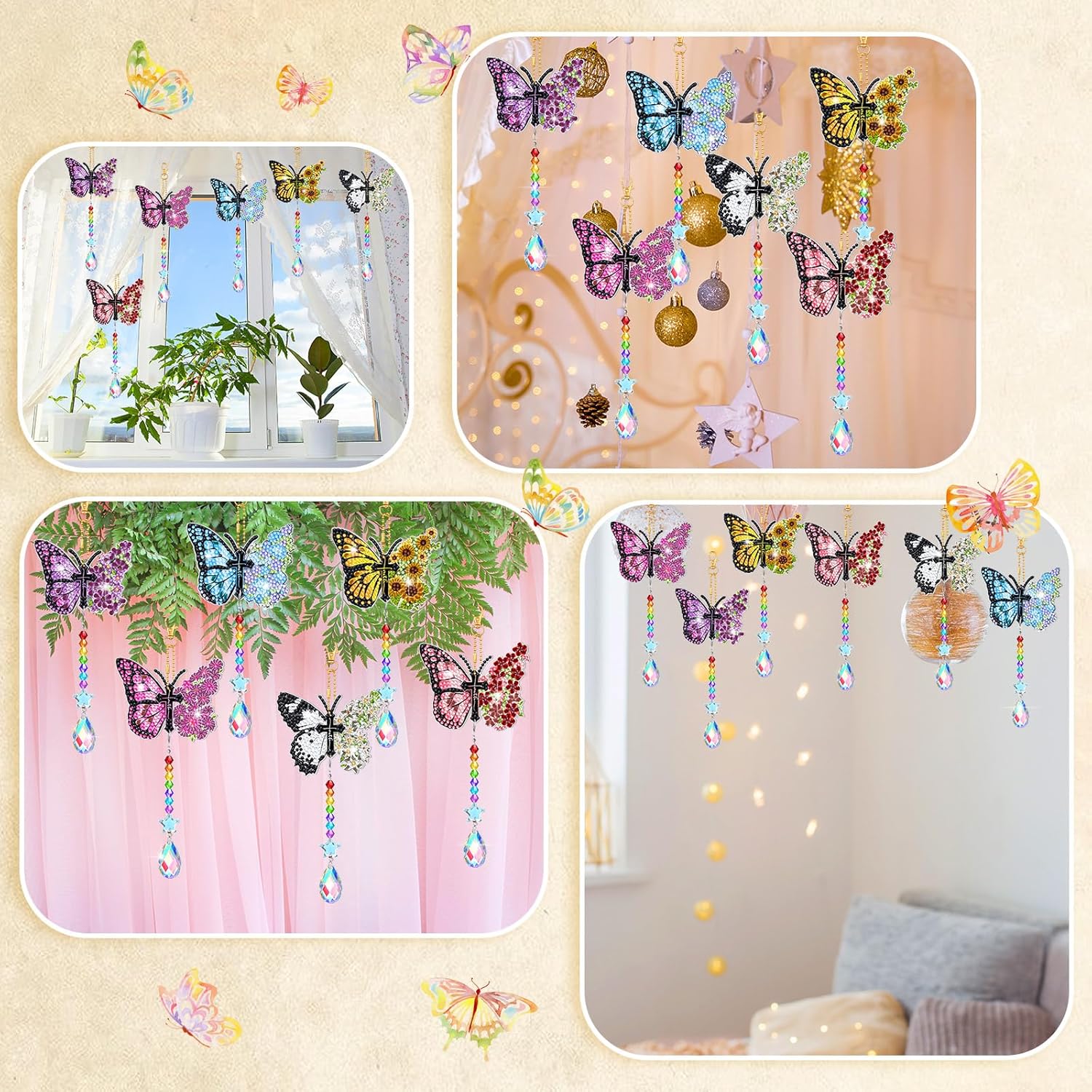 Tradder Juego de 6 piezas de pintura de diamante, carillones de viento, adornos de mariposa de doble cara con colgante de cristal, arte de diamantes