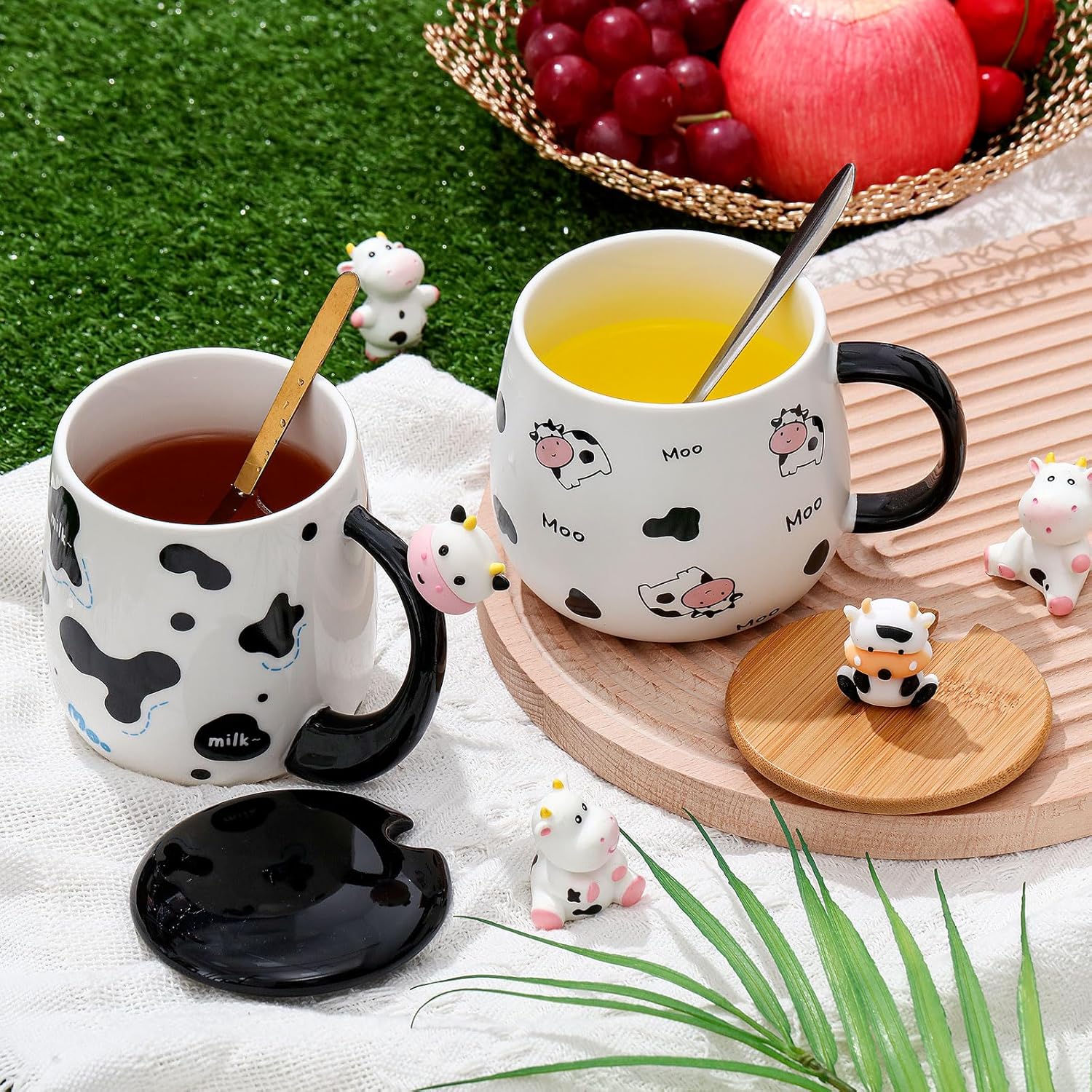 2 tazas de café de vaca navideña, tazas de café de vaca de cerámica con cuchara y tapa, tazas de vaca, divertidas tazas de animales en 3D, regalos