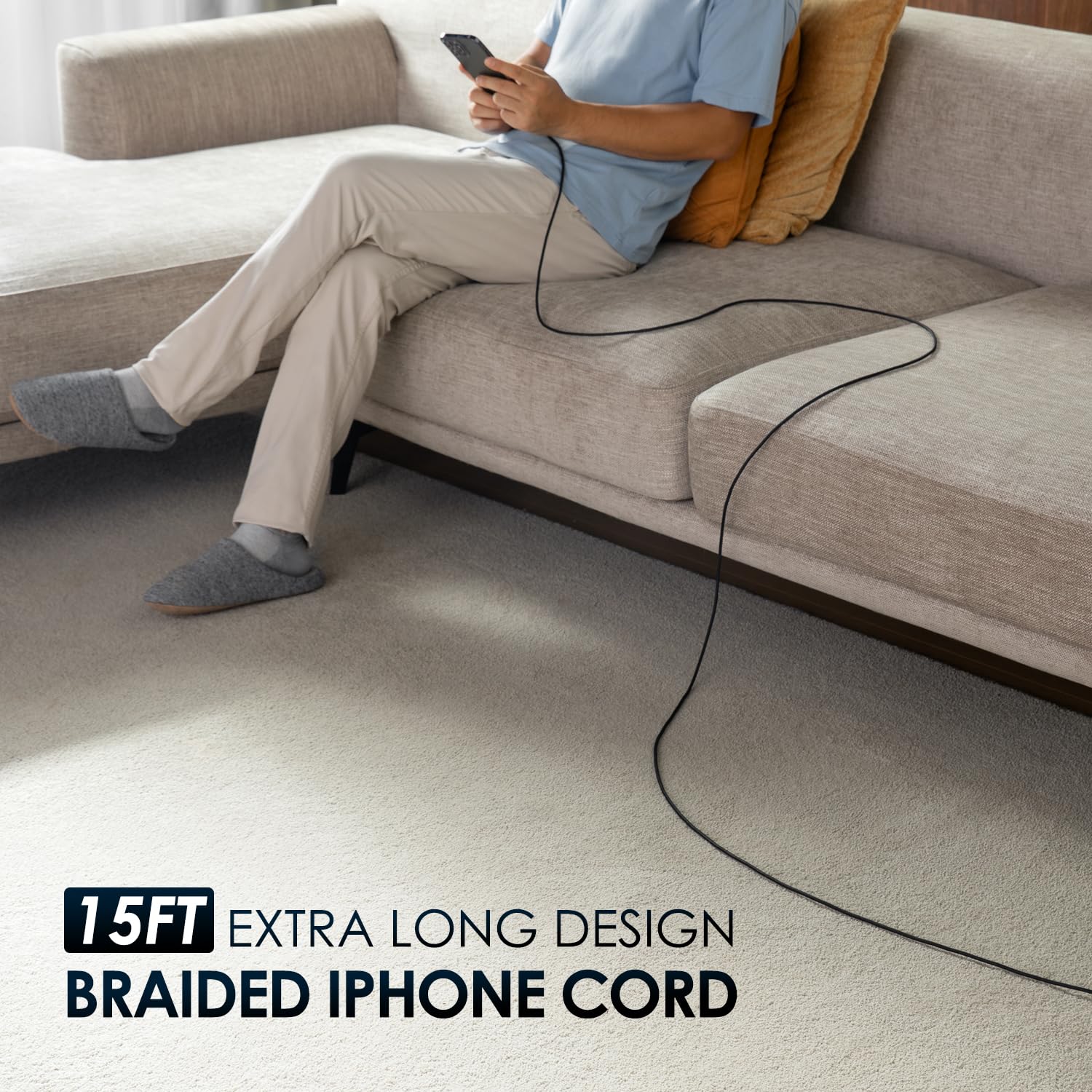 Cable de carga extra largo para iPhone de 15 pies, cable USB A a Lightning certificado MFi de Apple, cable trenzado de carga rápida compatible con