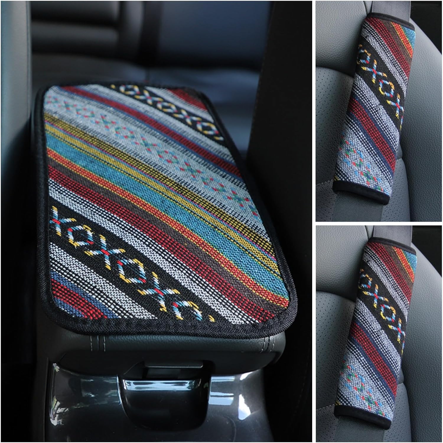 3 accesorios bohemios para automóvil con 2 fundas protectoras de correa de hombro para cinturón de seguridad bohemio y una almohadilla para