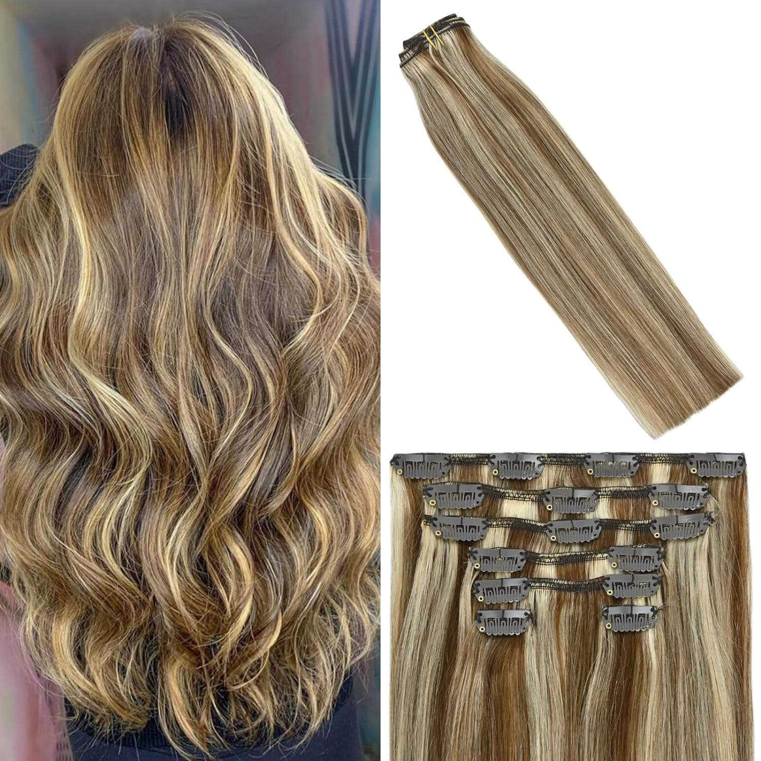 WindTouch Extensiones de cabello con pinzas, 4.33 oz, extensiones de cabello largo de 22 pulgadas, extensiones de cabello humano real, 7 unidades,