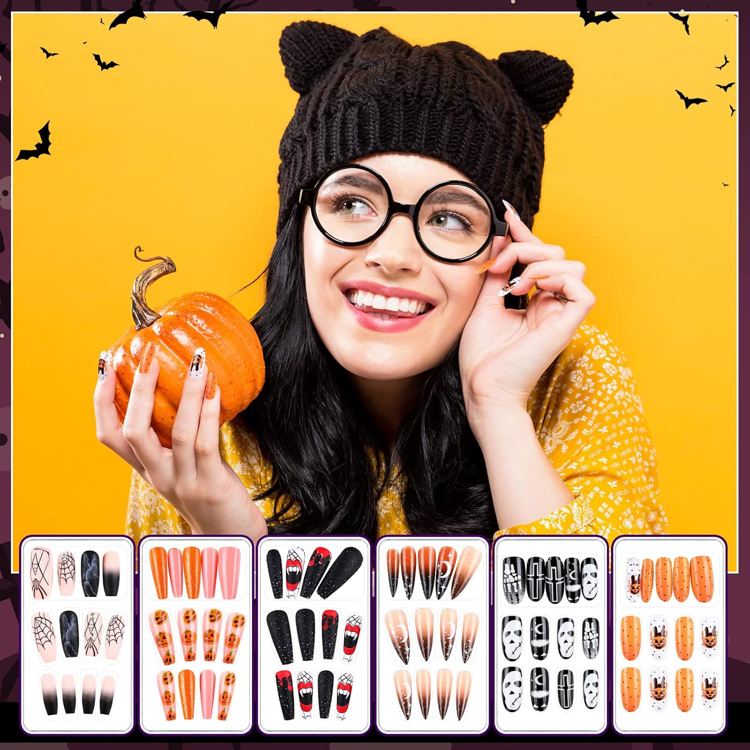 144 uñas postizas de Halloween, uñas postizas cortas a presión, uñas postizas de Halloween, pegamento con pestaña de pegamento de uñas, puntas de