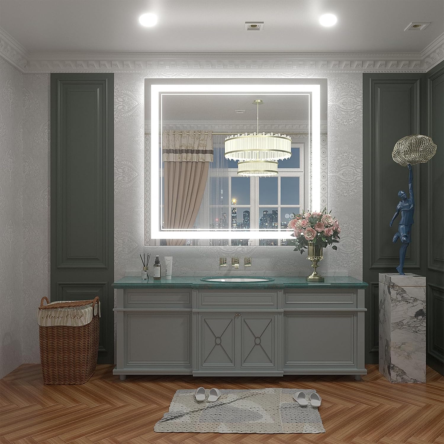 OKPAL Espejo de baño LED de 40 x 36 pulgadas para pared, espejo de baño iluminado con luz frontal regulable, antivaho, a prueba de roturas,