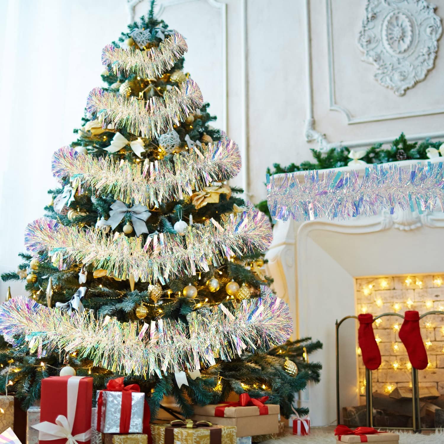 DearHouse Guirnalda de Navidad de oropel blanco de 40 pies, serpentinas metálicas, decoración de árbol de Navidad, suministros de fiesta de Navidad,