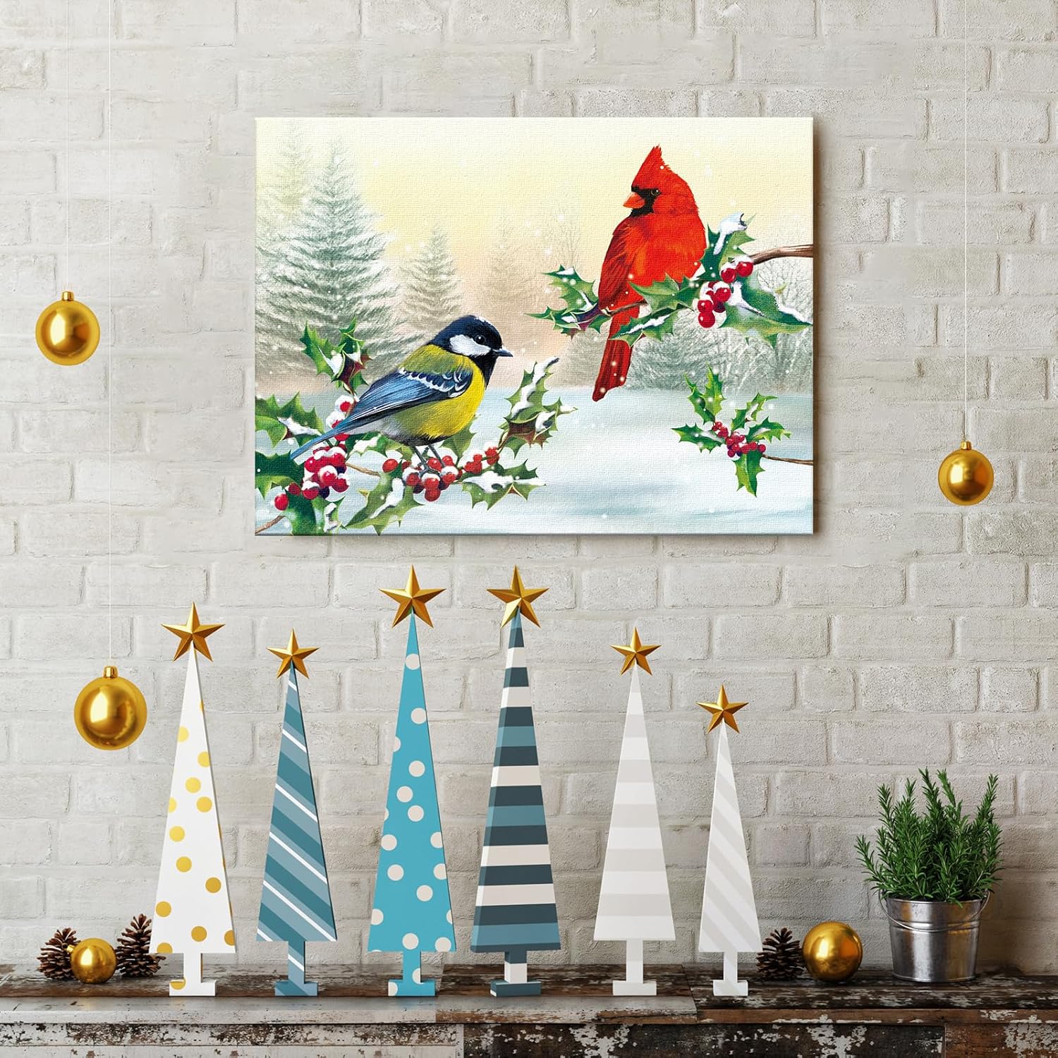 Louise Maelys Lienzo decorativo de invierno con marcos de madera de 12 x 16 pulgadas, póster de Navidad con obras de arte, impresiones de pájaros
