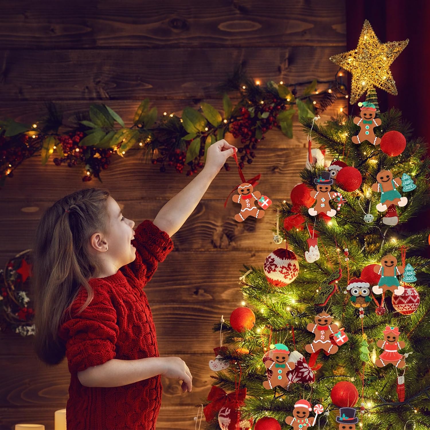 48 piezas de fieltro de Navidad de hombre de jengibre para niños, adorno de hombre de jengibre para hombre, pan de jengibre, colgar con hojas