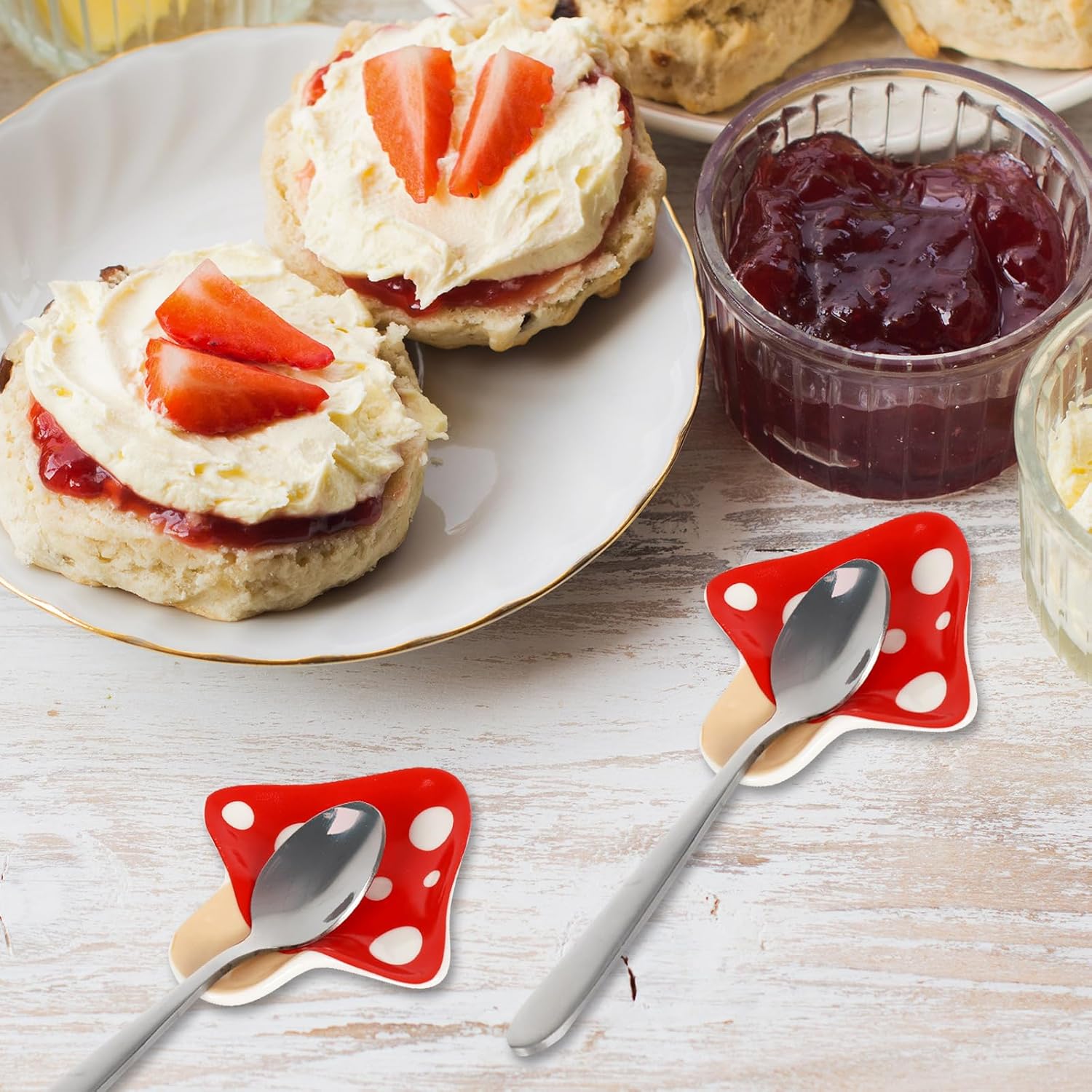 Whaline Soporte para cucharas de hongos de otoño, 4 piezas, soporte para cucharas de cerámica de hongos rojos, plato de anillo para cocina, hogar,