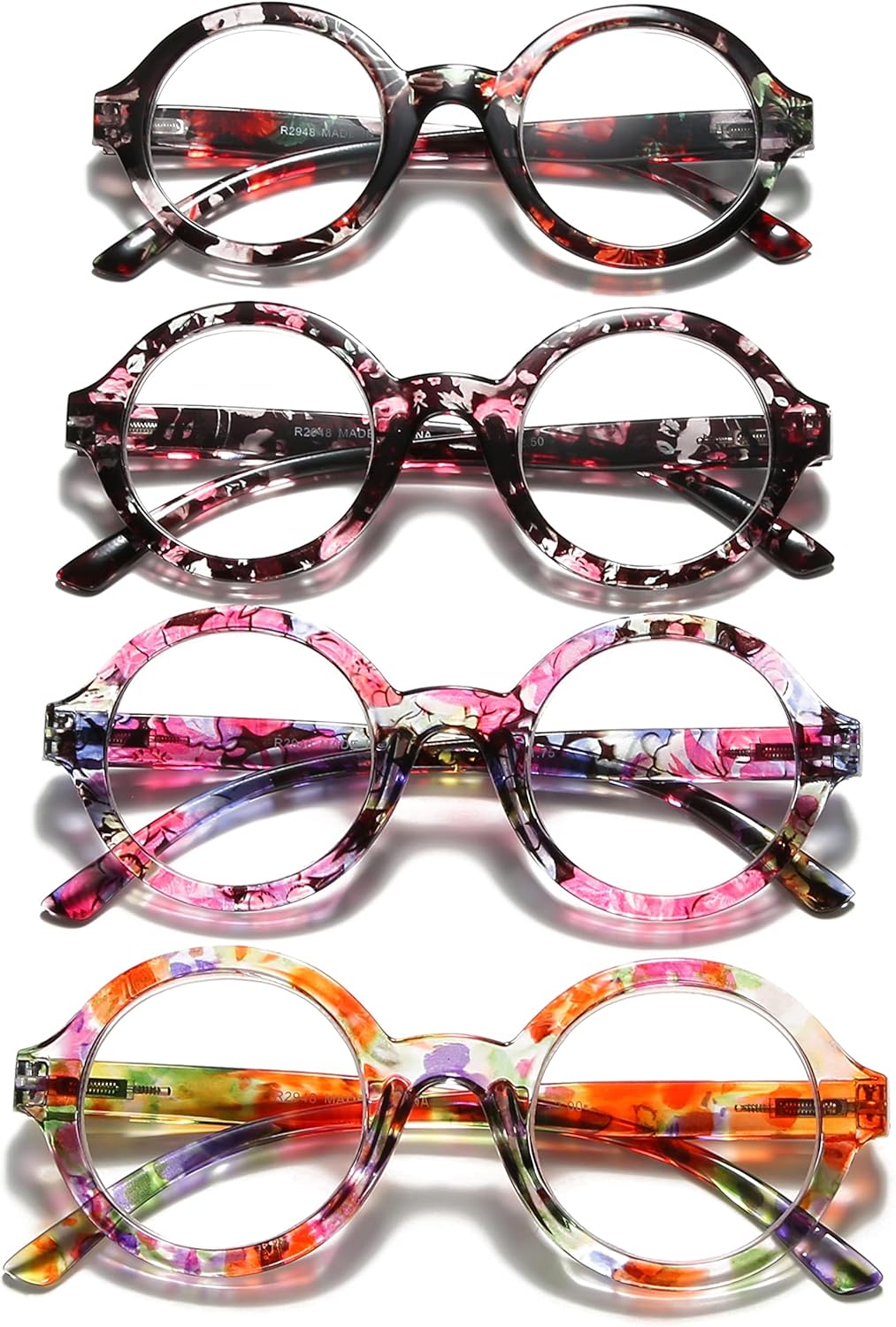100 CLASSIC Paquete de 4 lentes de lectura redondos de gran tamaño con filtro de luz azulantirreflejos para mujeres, bisagras de resorte, lectores