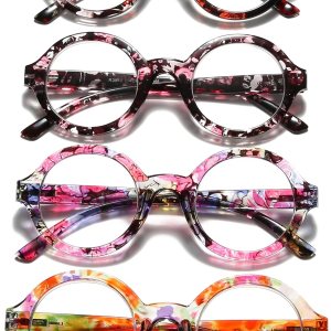 100 CLASSIC Paquete de 4 lentes de lectura redondos de gran tamaño con filtro de luz azulantirreflejos para mujeres, bisagras de resorte, lectores 100 CLASSIC Paquete de 4 lentes de lectura redondos de gran tamaño con filtro de luz azulantirreflejos para mujeres, bisagras de resorte, lectores