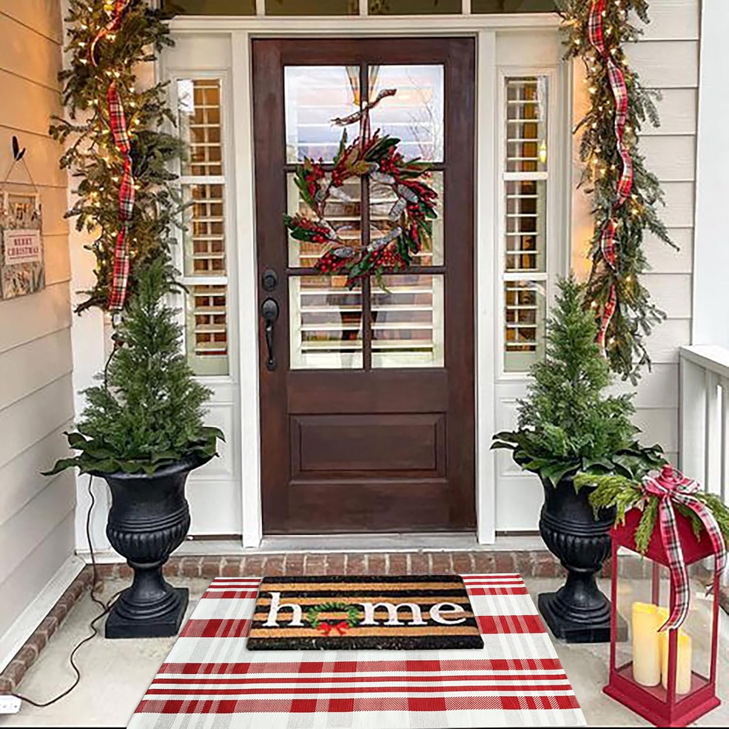 Alfombra de Navidad a cuadros para exteriores, 27.5 x 43 pulgadas, alfombra de área de cuadros rojos y blancos para interiores y exteriores,