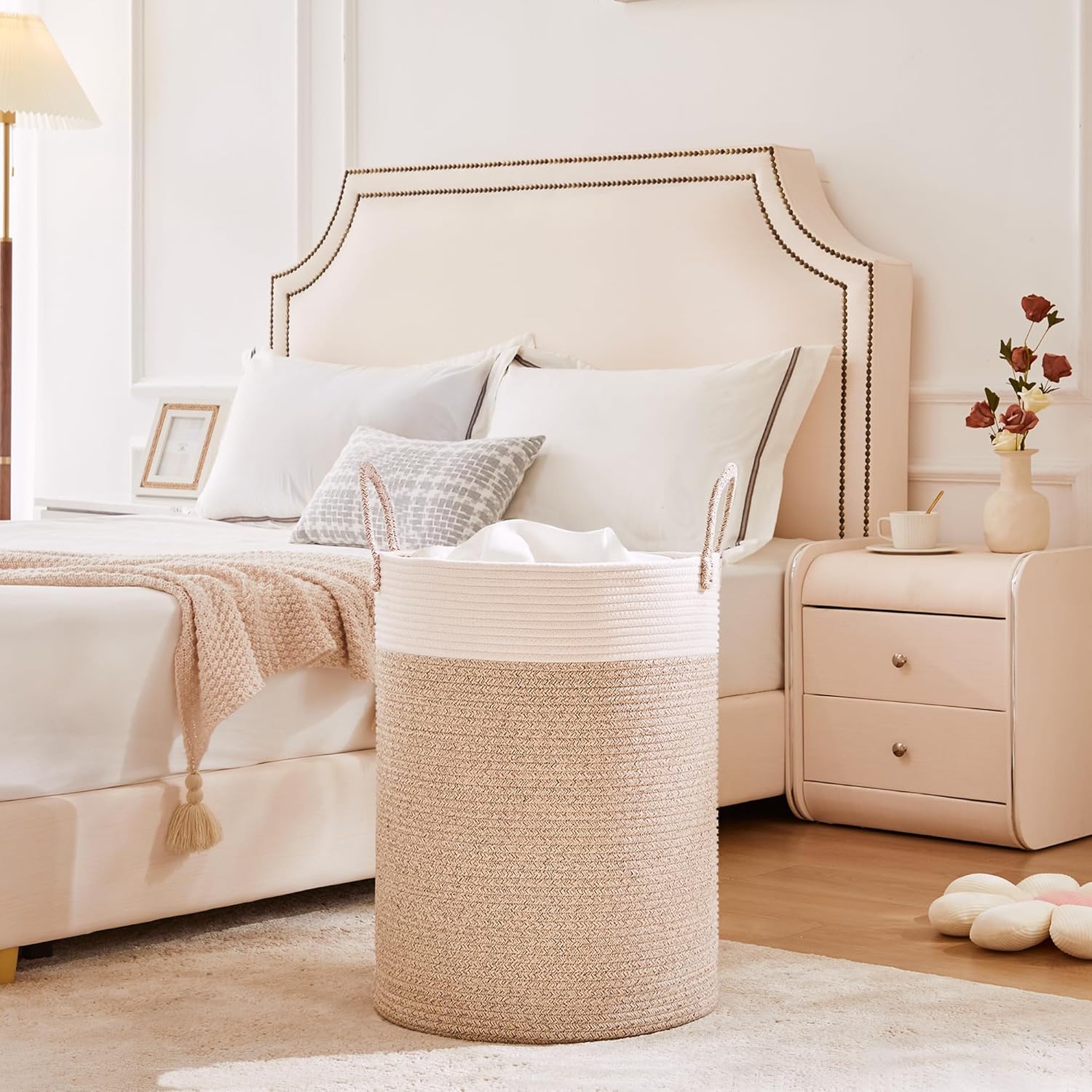 Cesta tejida para ropa sucia, cesta de cuerda alta de 60 litros para manta, cesta de ropa para dormitorio, cuarto de bebé, cesta de lavandería para