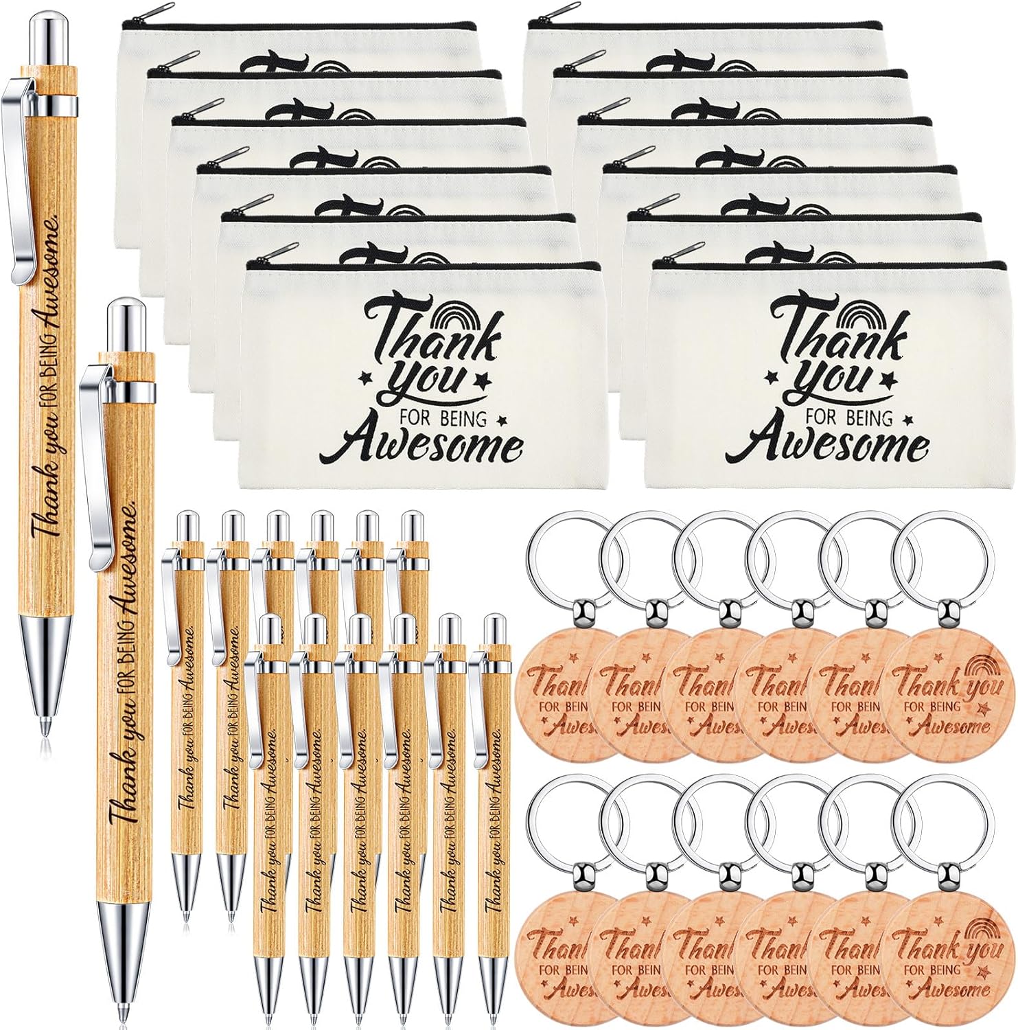 36 bolsas de maquillaje cosmético con texto en inglés “Thank You for Being Awesome Thank You”, bolígrafos de bambú de madera, bolígrafos