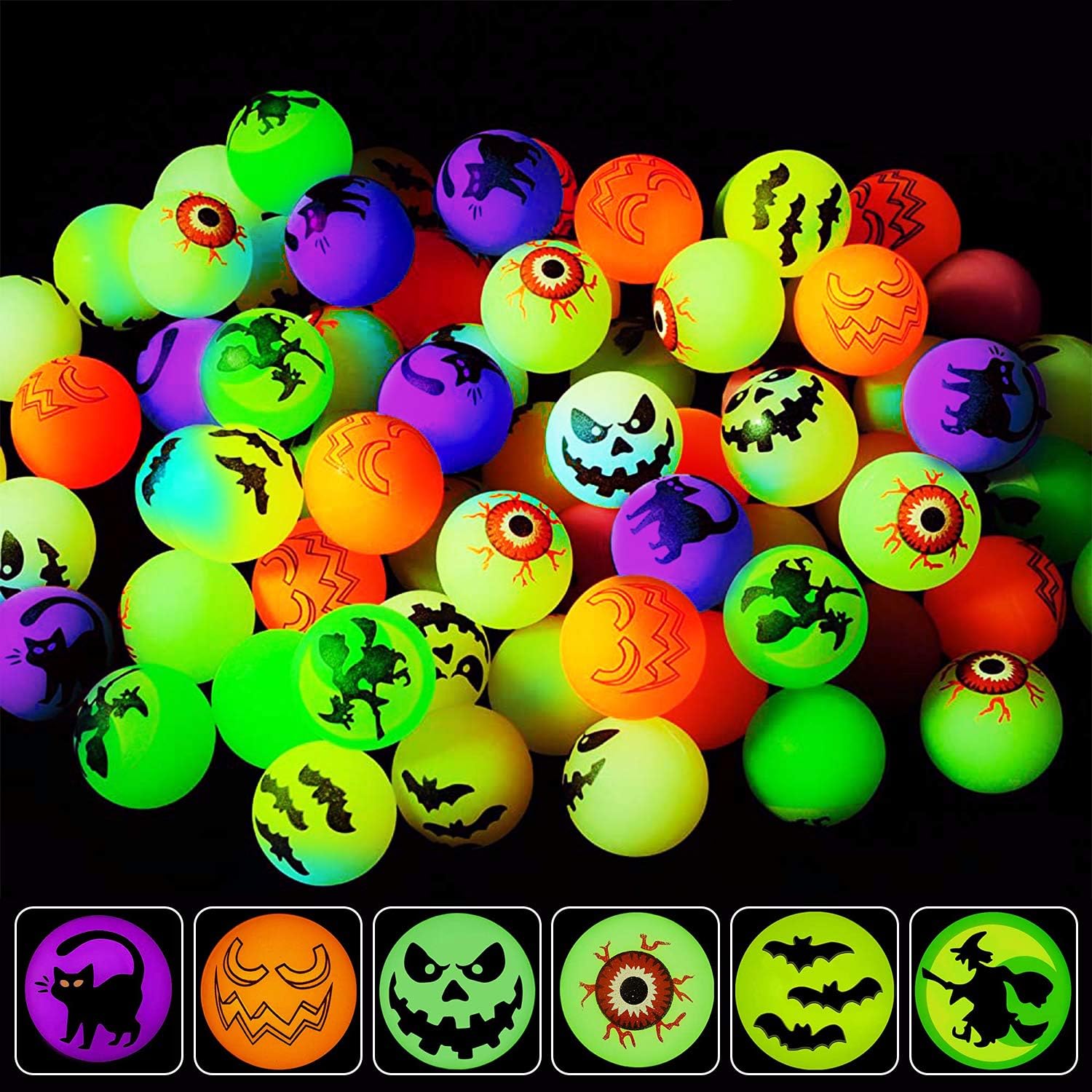 72 bolas rebotadoras de Halloween, 6 diseños temáticos de Halloween que brillan en la oscuridad, suministros de recuerdo de fiesta de Halloween,