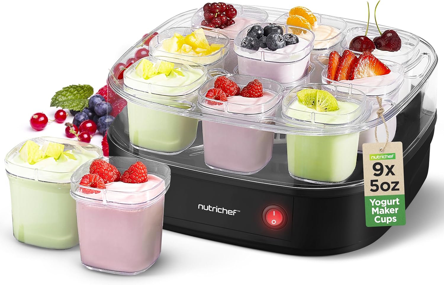 Nutrichef Máquina automática de yogur de 9 tazas  Incluye 9 vasos reutilizables de 5 onzas con tapas y estante de yogur para almacenamiento