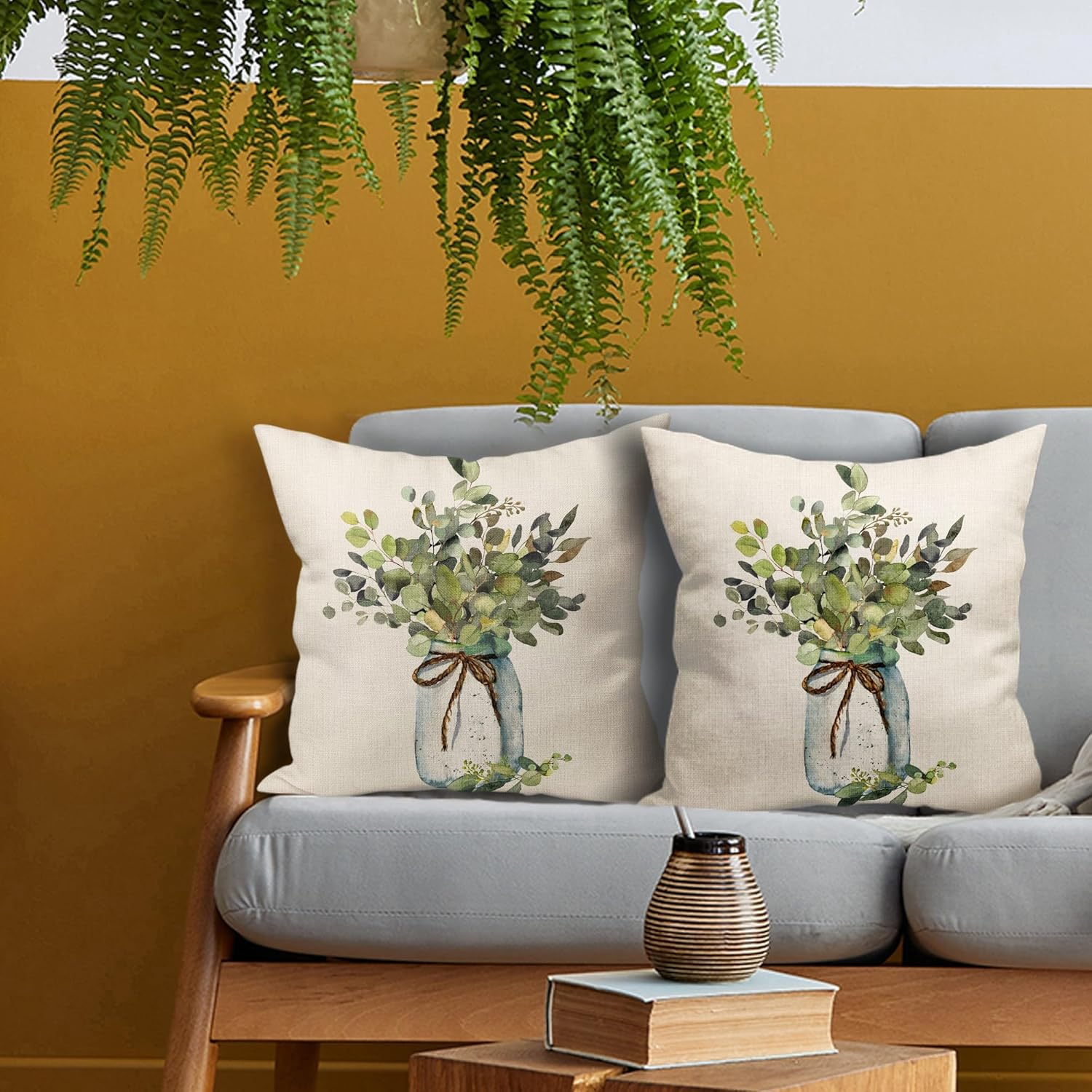 aportt Juego de 2 fundas de almohada de hojas de eucalipto verdes de 20 x 20 pulgadas, para primavera y verano, para sofá, estilo granja, acuarela,