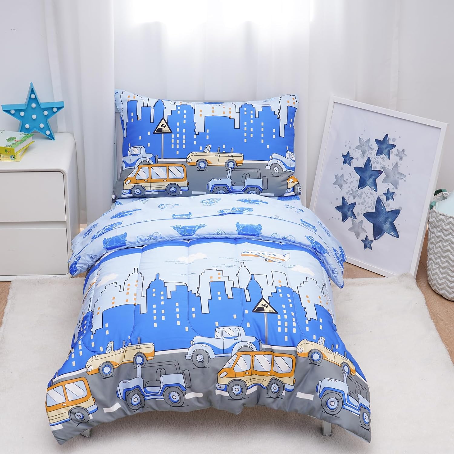 david’s kids Juego de ropa de cama de 4 piezas para niños pequeños, suave y transpirable, incluye edredón acolchado, sábana encimera, sábana bajera