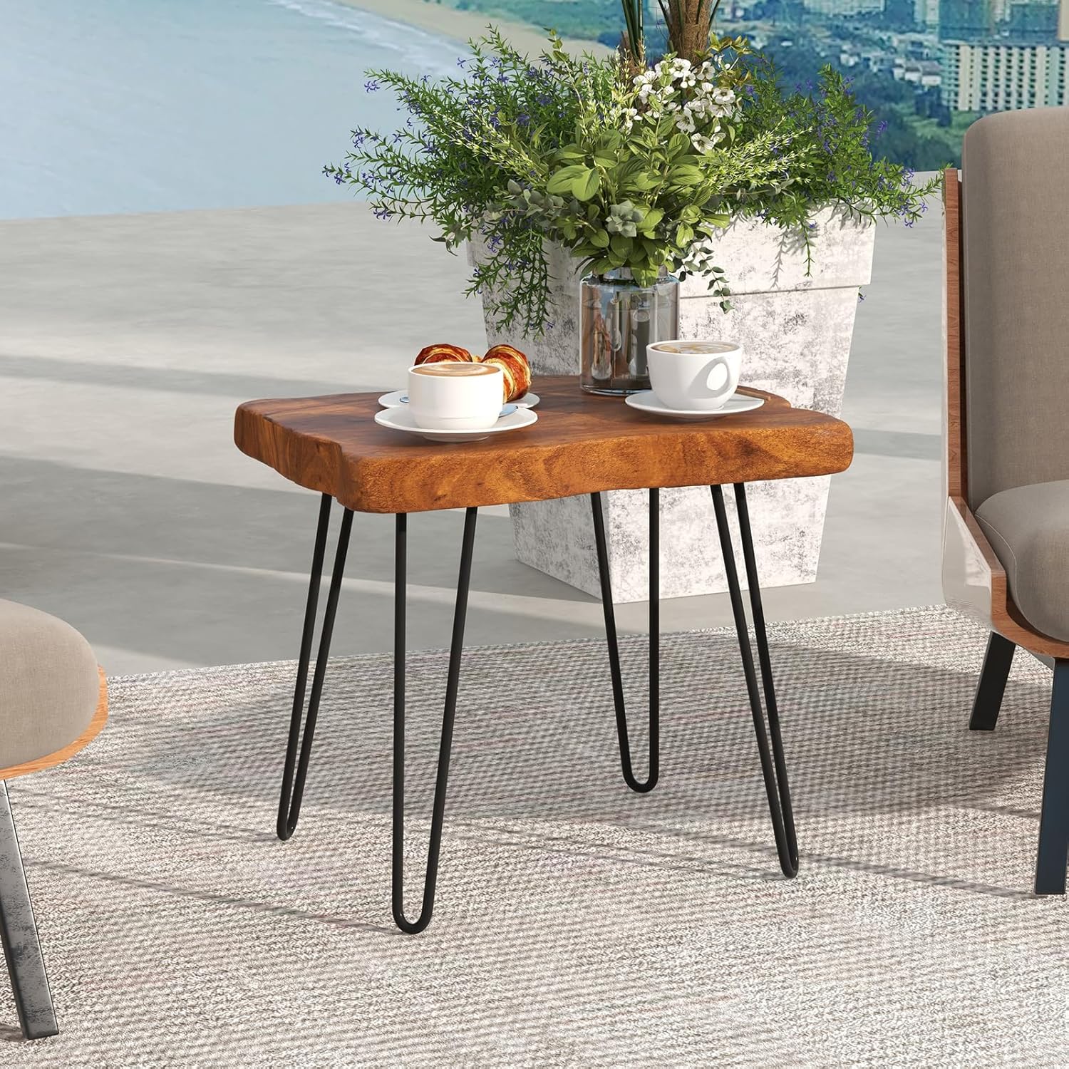 GOFLAME Mesa auxiliar rectangular, mesa auxiliar para interiores y exteriores con parte superior de madera de teca maciza y patas de metal, mesa de