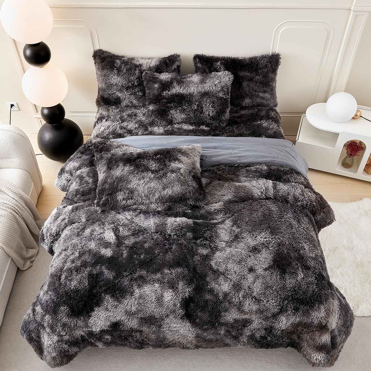 PERFEMET Juego de 3 piezas de edredón de pelo sintético mullido gris oscuro, tamaño matrimonial, juego de ropa de cama de felpa lanudo teñido