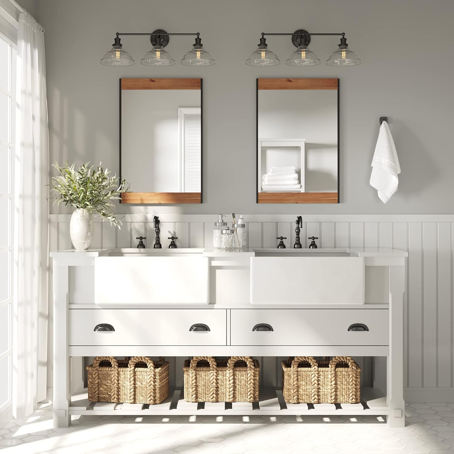 Barnyard Designs Espejo de pared de madera estilo casa de campo de 24 x 36 pulgadas, espejo moderno con marco de metal rústico y madera para tocador