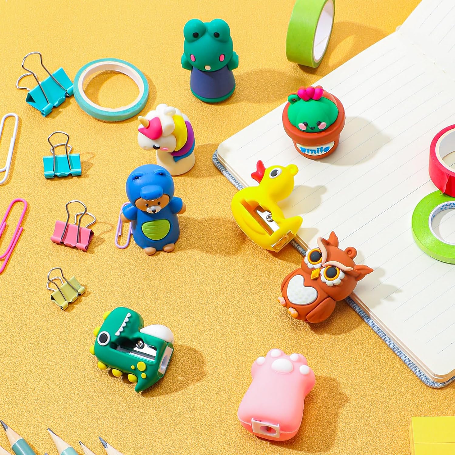 Fulmoon Mini sacapuntas inspiradores para estudiantes, sacapuntas de animales de dibujos animados, tarjetas inspiradoras de juego de palabras,