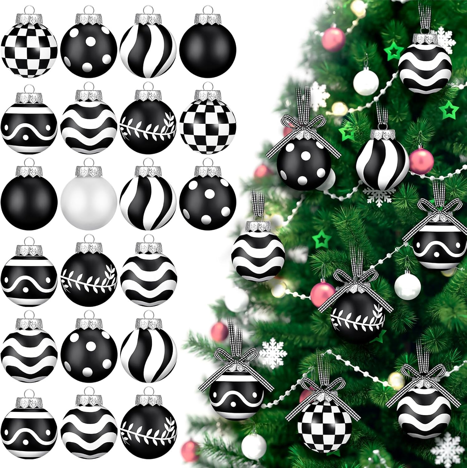 Adornos de bola de Navidad a rayas, lunares, búfalo a cuadros, bola colgante de plástico de 2.36 pulgadas, decoración de árbol de Navidad, bolas de