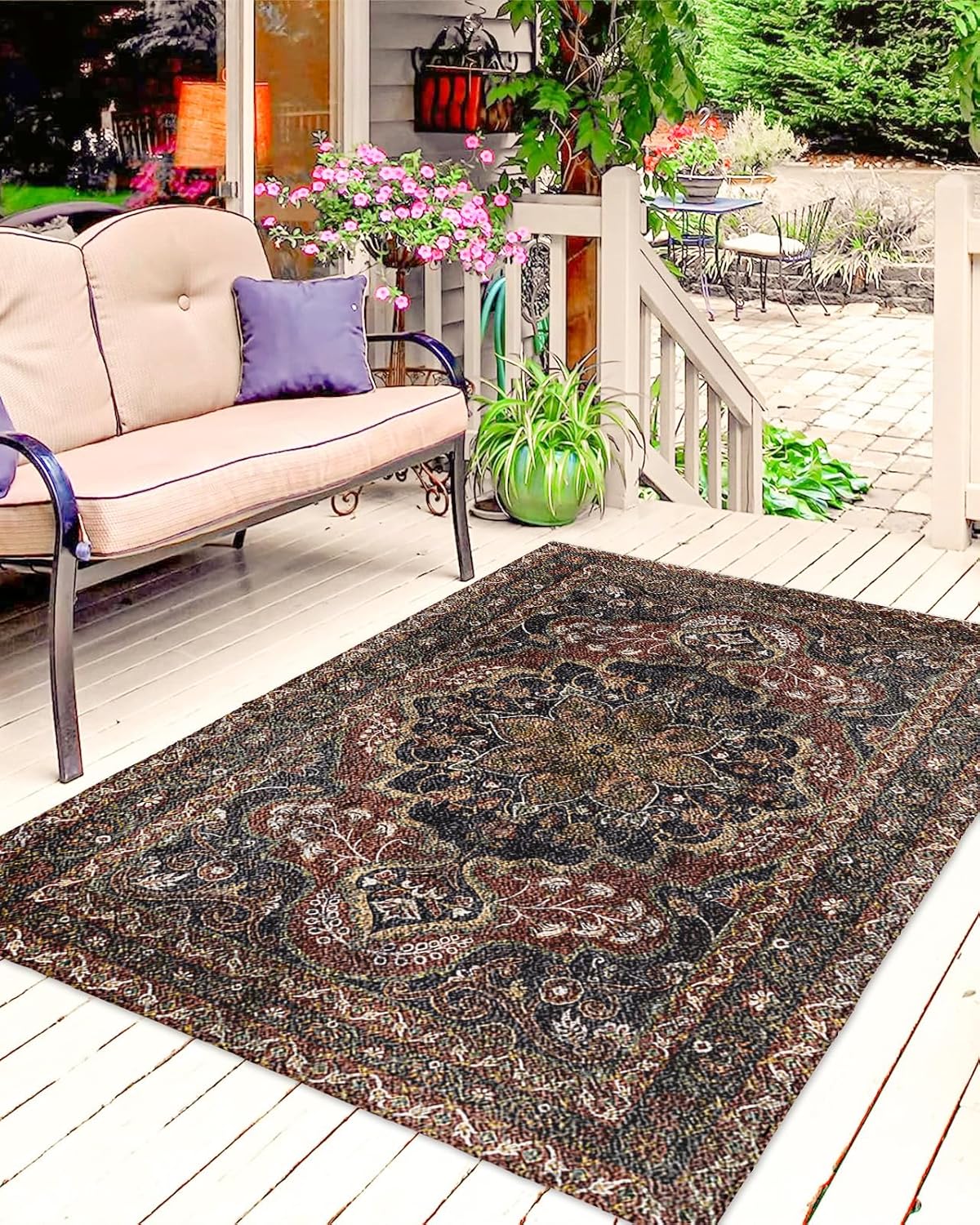Outdoor Rug Carpet Waterproof 4×6 ft Area Rug, Vintage Flower Pattern Large Floor Mat for Patio Balcony Living Room Backyard Picnic Beach RV Camping