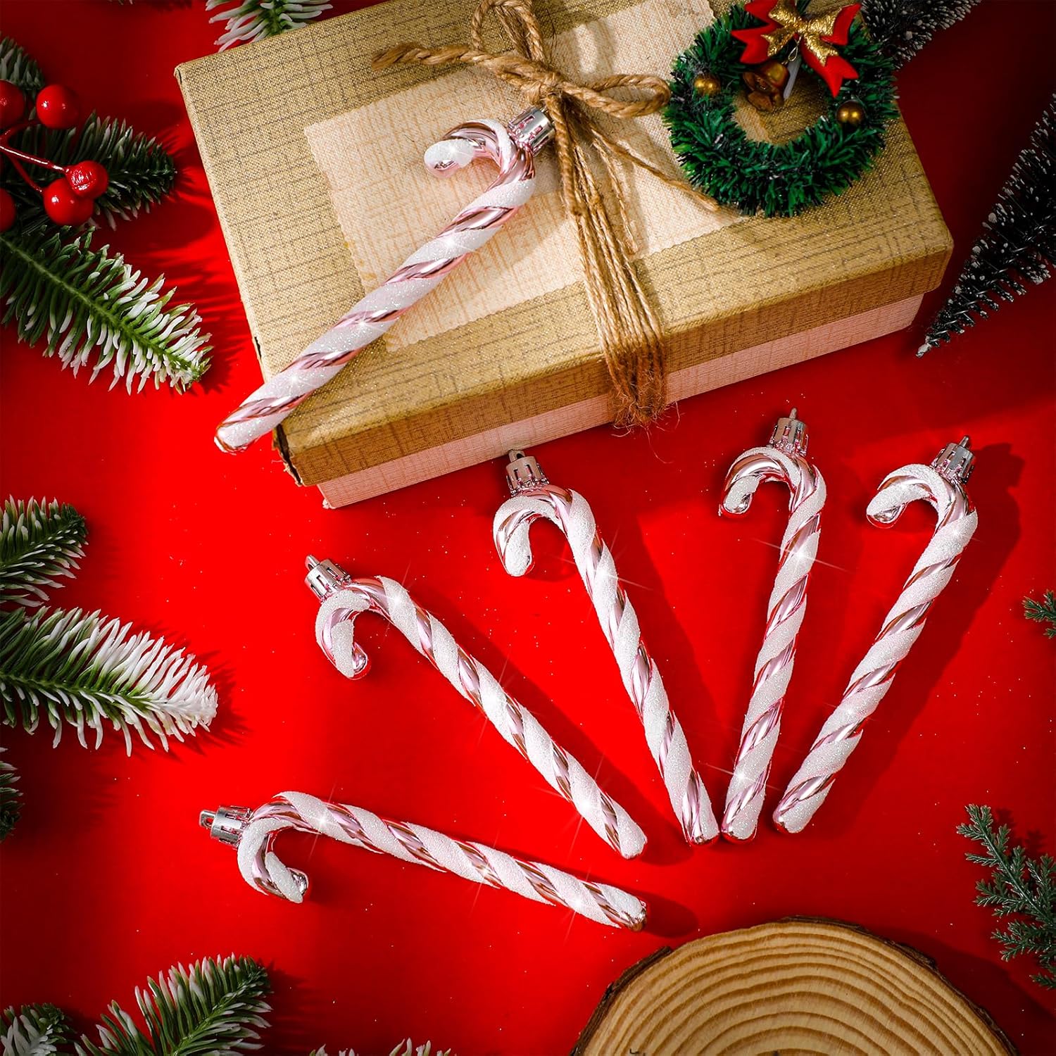 Sotiff Bastones de caramelo de Navidad, adornos de plástico con purpurina, bastón de caramelo para árbol de Navidad, decoraciones colgantes para