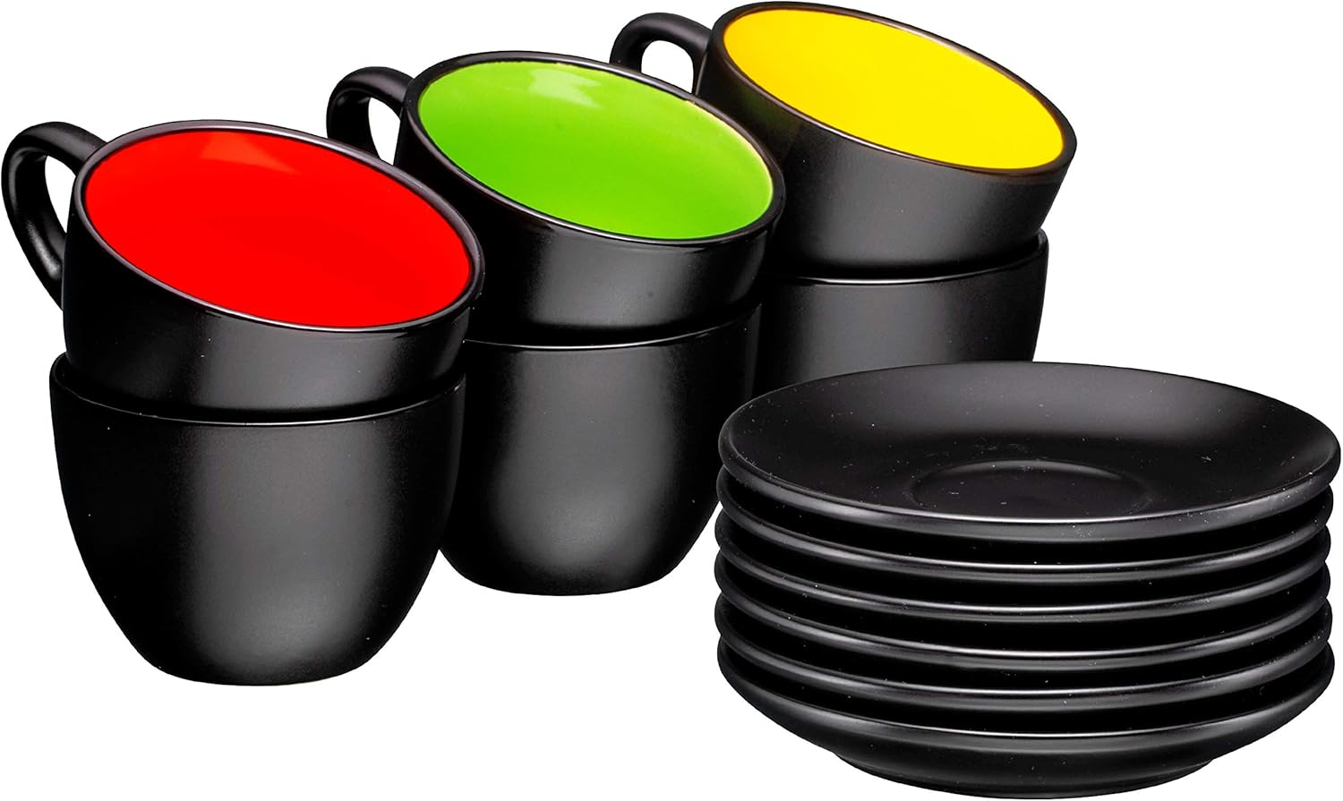 Bruntmor Juego de 6 tazas de capuchino con platillos de 6 onzas, color negro mate y de cerámica de 16 onzas, tazas de café negras mate para