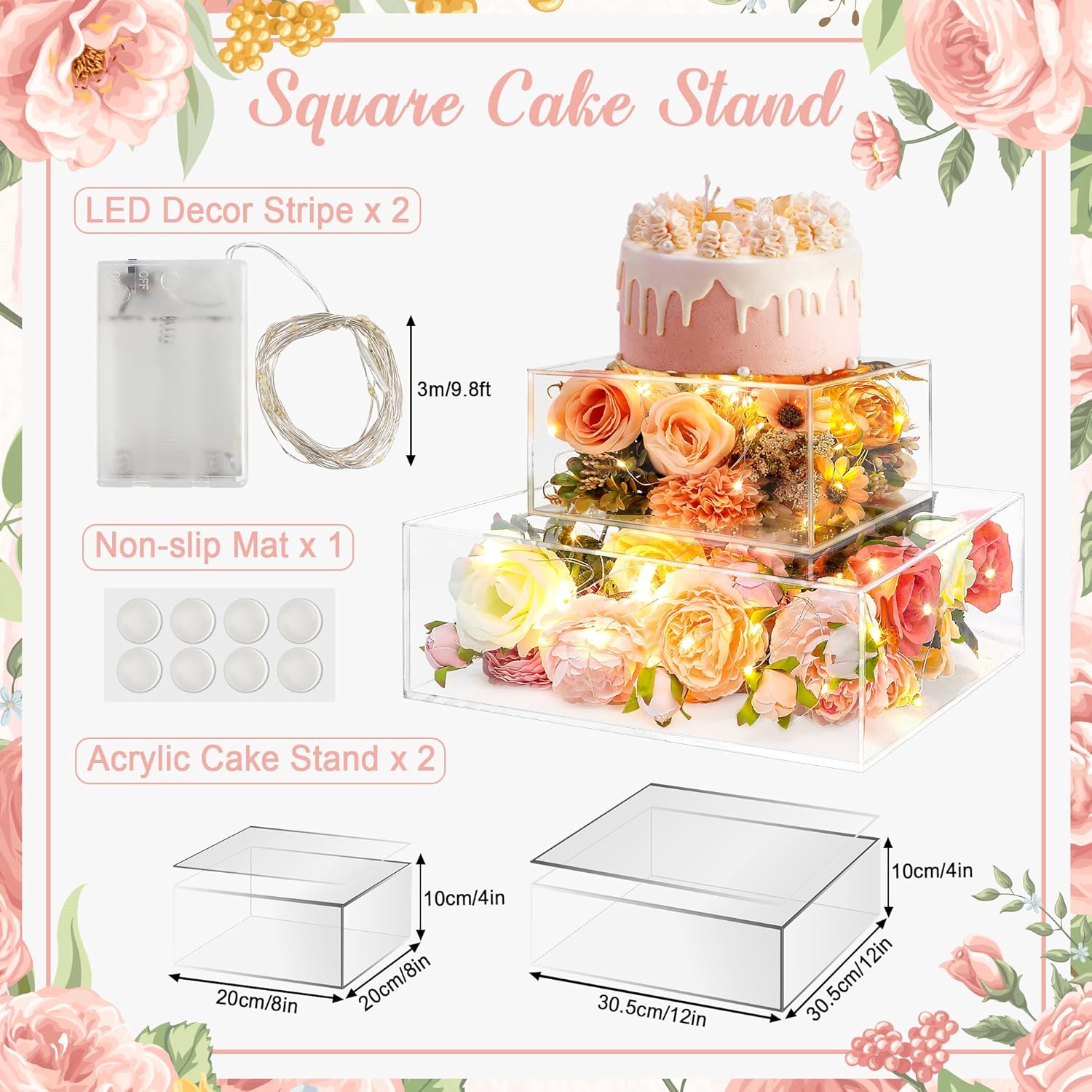 Soporte de acrílico transparente para tartas, 2 piezas, soporte cuadrado para tartas con tapa, soporte acrílico para tartas, elevador transparente