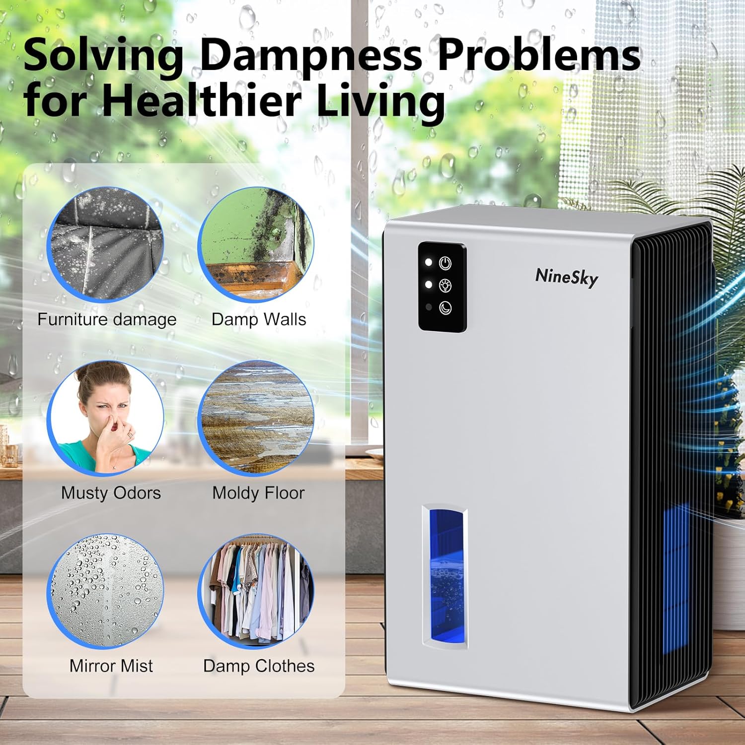 NineSky Deshumidificador para el hogar, tanque de agua de 85 onzas, (800 pies cuadrados), deshumidificadores para baño y dormitorio con apagado