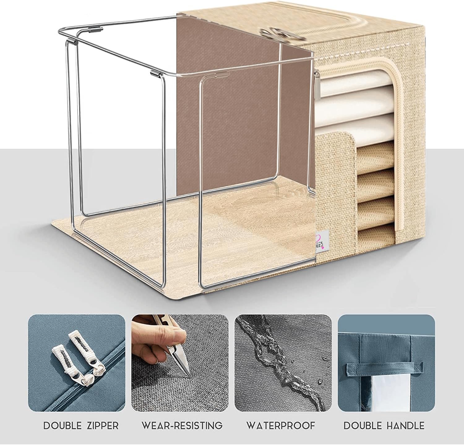 Blushbees Cajas de almacenamiento plegables de tela Oxford para ropa, colchas, lino con soportes de metal (paquete de 4 cajas, tamaño grande de 20 x