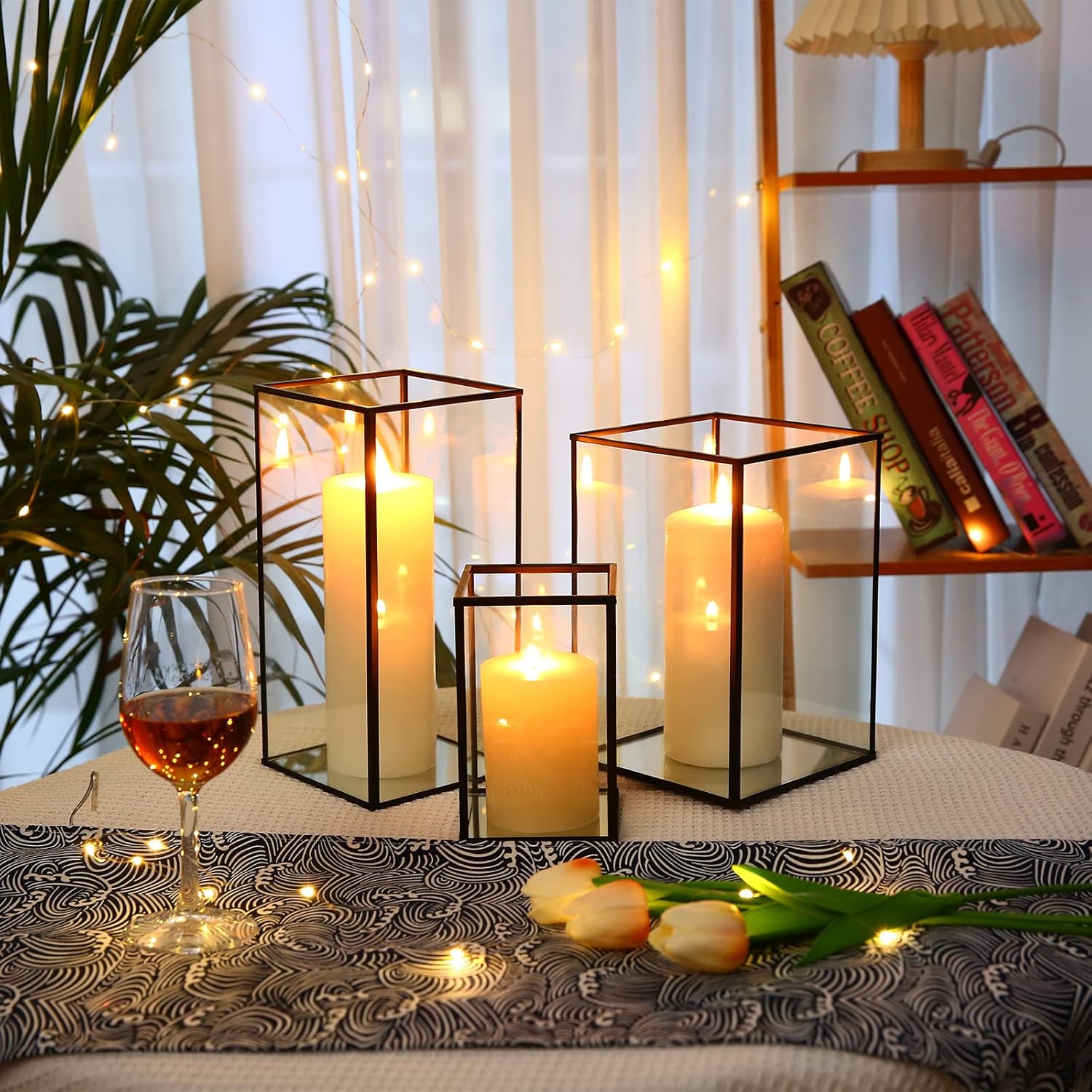 Phosphor Juego de 3 portavelas de huracán grande, portavelas de cristal negro para bodas, fiestas, vacaciones.