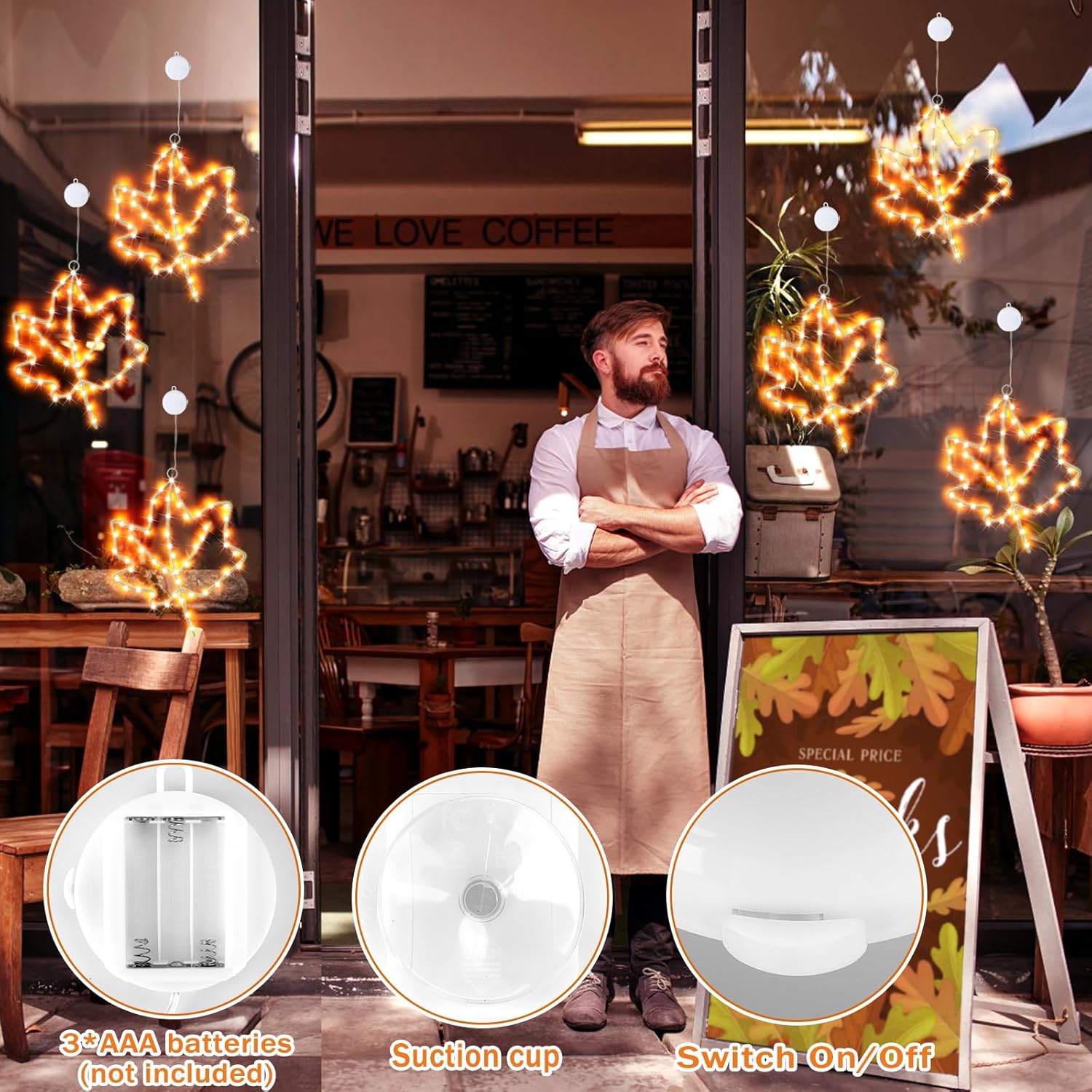 3 piezas de decoración de ventana de otoño, luces de hoja de arce, luces de ventana de Acción de Gracias a pilas con temporizador, marco de metal