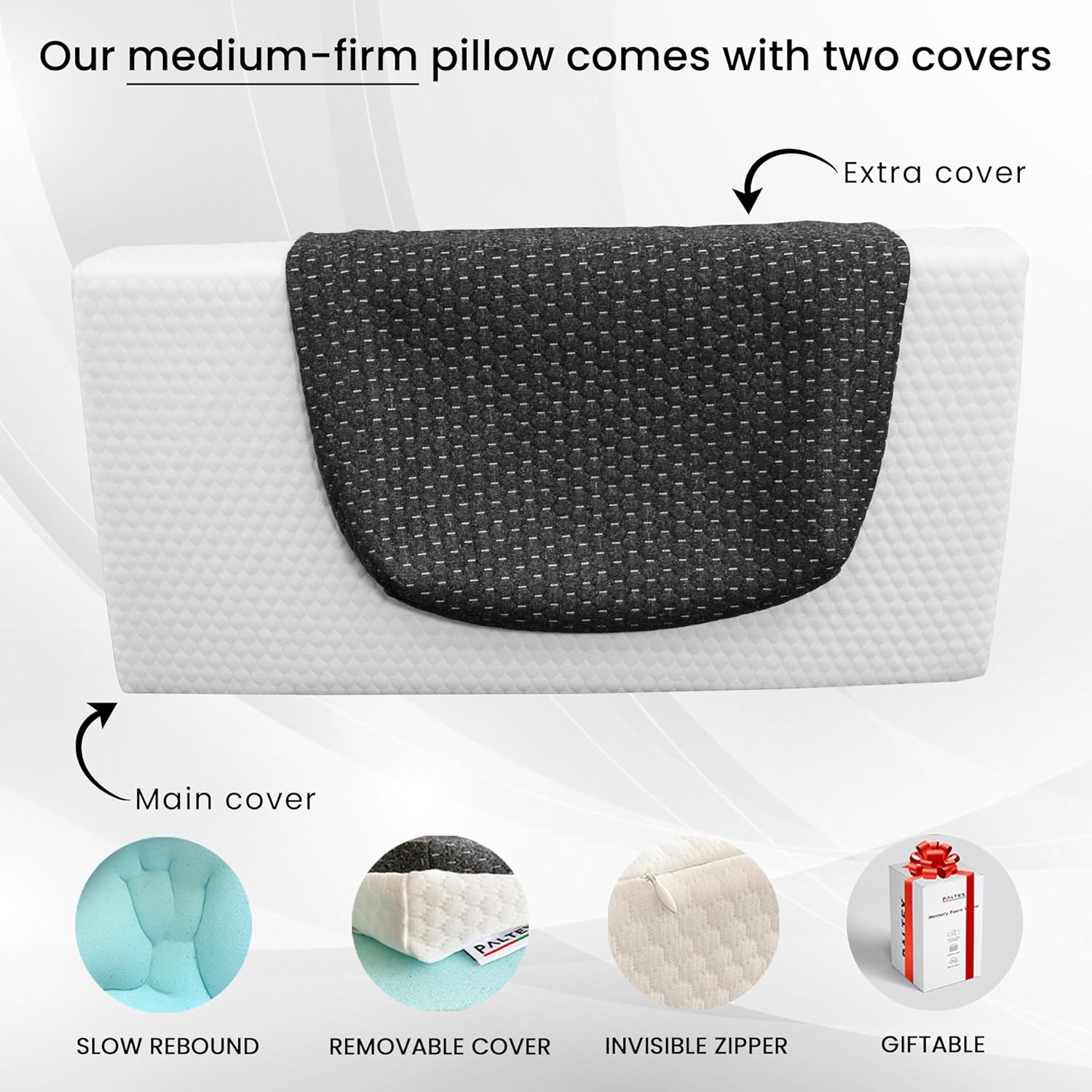 Almohada cúbica de espuma viscoelástica para personas que duermen de lado, color gris con funda extra blanca, 24 x 12 x 5 pulgadas, almohada firme