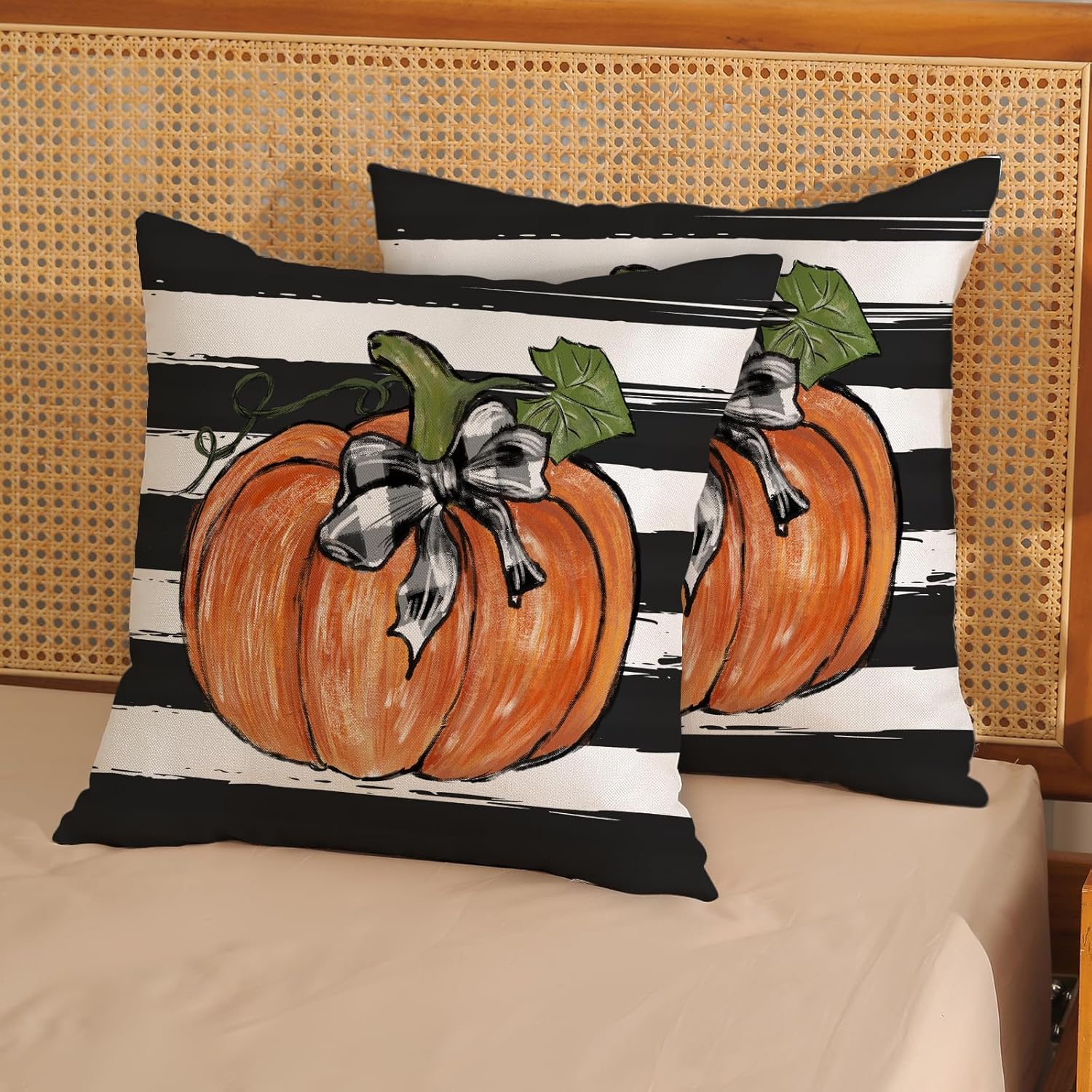 Juego de 2 fundas de almohada de otoño de 16 x 16 pulgadas, diseño de rayas de acuarela negra, decoración de calabaza, para sofá, cosecha de otoño,
