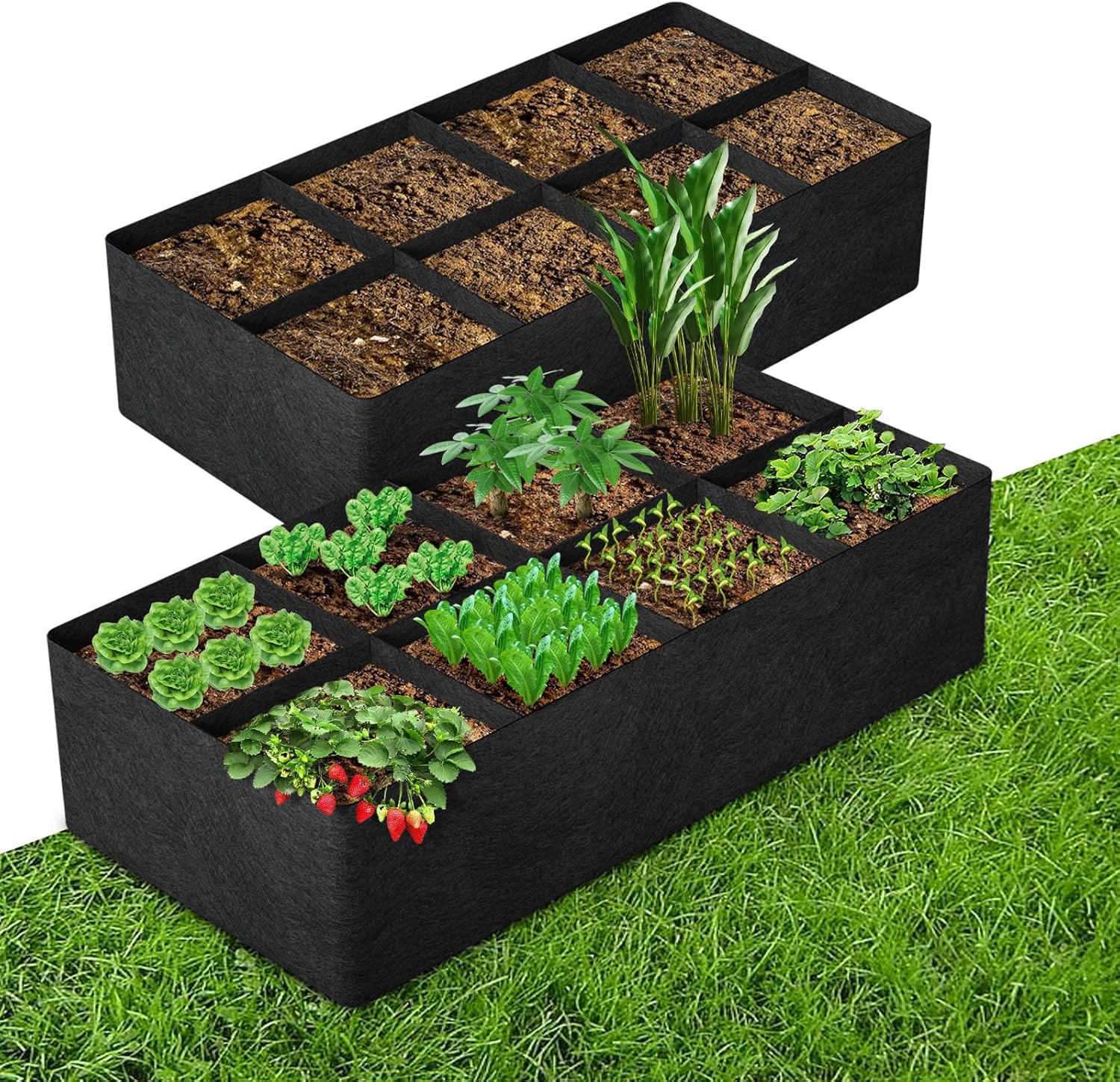 Paquete de 2 camas de jardín elevadas de tela de 128 galones, 8 rejillas, bolsas de cultivo de plantas de 6 x 3 x 1 pies para plantas al aire libre,